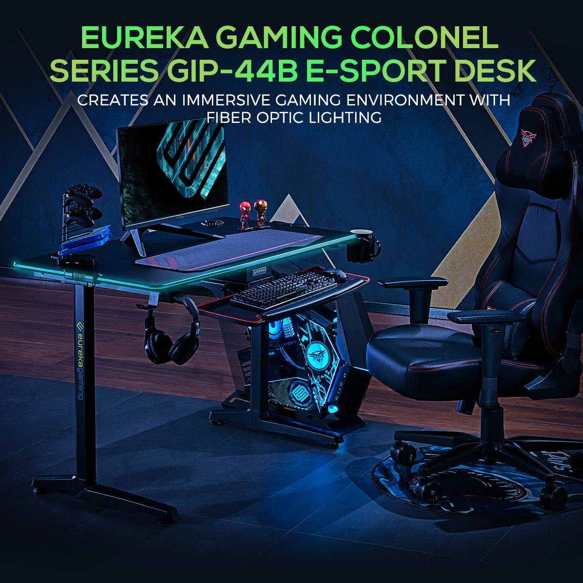 Eureka Ergonomic Gaming Computer Desk 44" Home Office Gaming PC Tables New Polygon Legs Design with RGB LED Lights, Colonel Series GIP-44B, Black