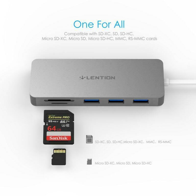 LENTION USB-C Multiport Hub with 3 USB 3.0 Ports, SD Card Reader, Micro SD Card Reader, Compatible with Thunderbolt 3