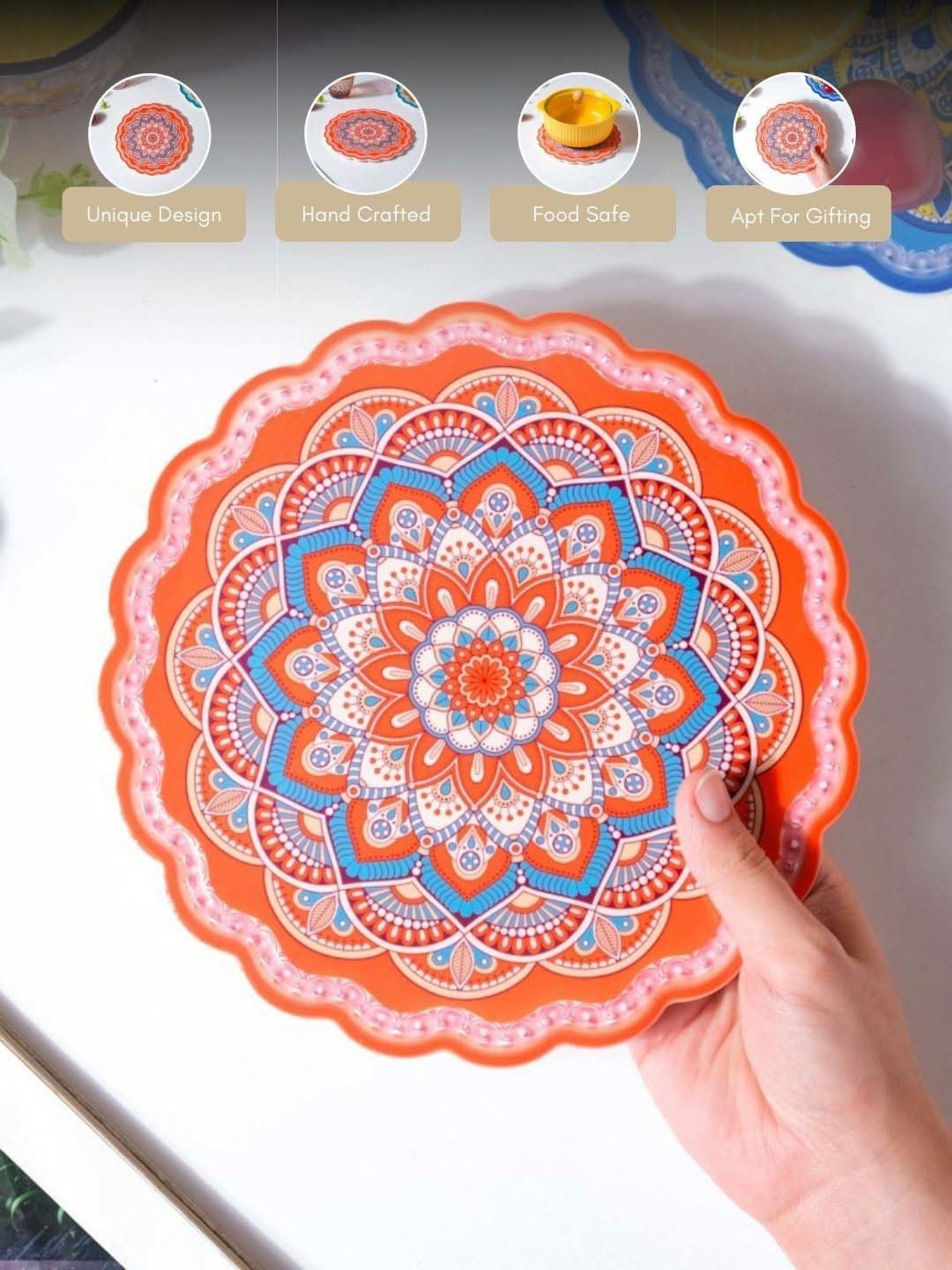 Nestasia Orange & Blue Round-Shaped Floral Mandala Patterned Ceramic Tray for Serving, 8-inch