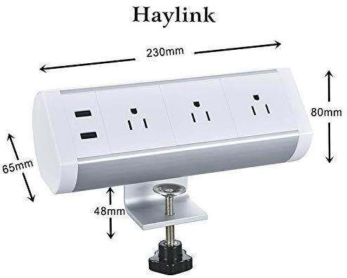 Haylink CE ROHS Approval Clamp Desktop Sockets 2 Port USB Charger 3 Outlet Strip 5ft Cord Home Office Reading Public Area Table Mount Multi-Outlets Aluminum Surge Protector Desk Strip (White)