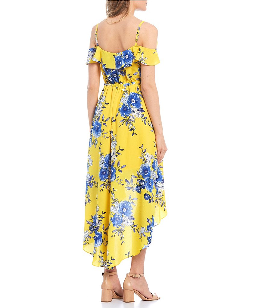 I.N. San Francisco Floral Print Ruffle Neckline High-Low Dress