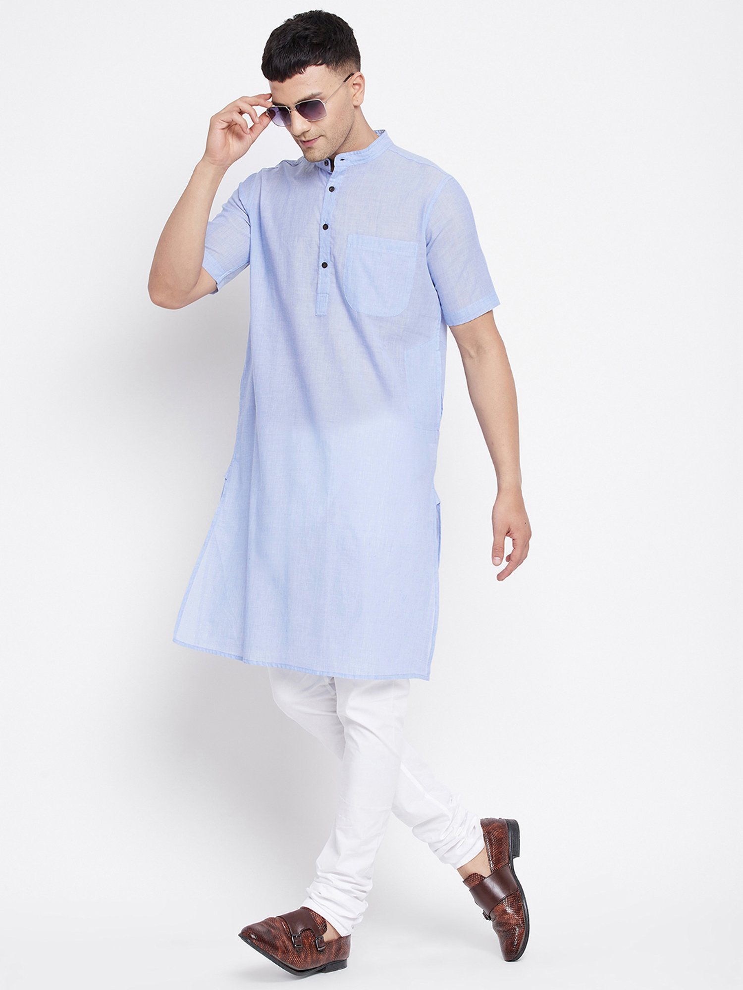 Even Blue Self Design Mandarin Collar Kurta