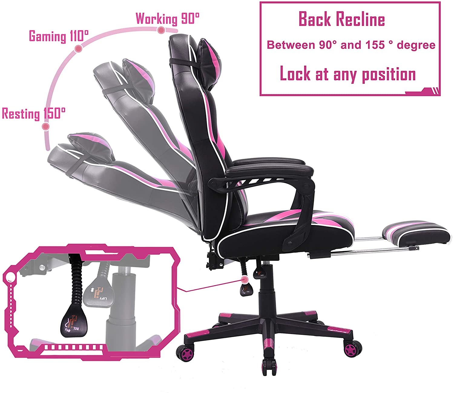 Zeanus Pink Ergonomic Gaming Chair for Girl, Gaming Chair with Footrest, Gaming Chair for Adults, High Back Racing Chair, Computer Chair with Massage, E-Sports Gamer Chair, Big and Tall Gaming Chair