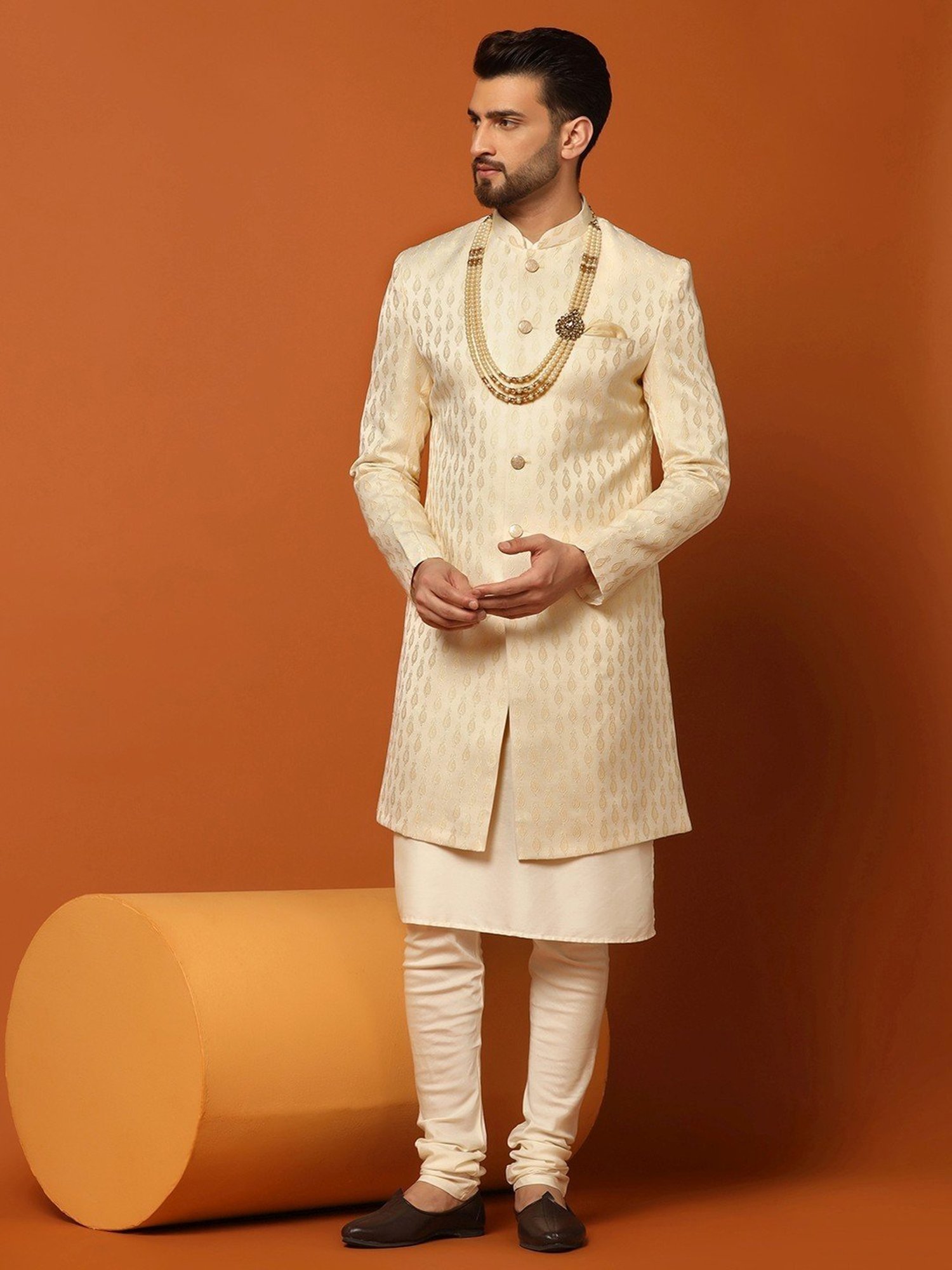 KISAH Peach Cotton Regular Fit Self Pattern Sherwani Set