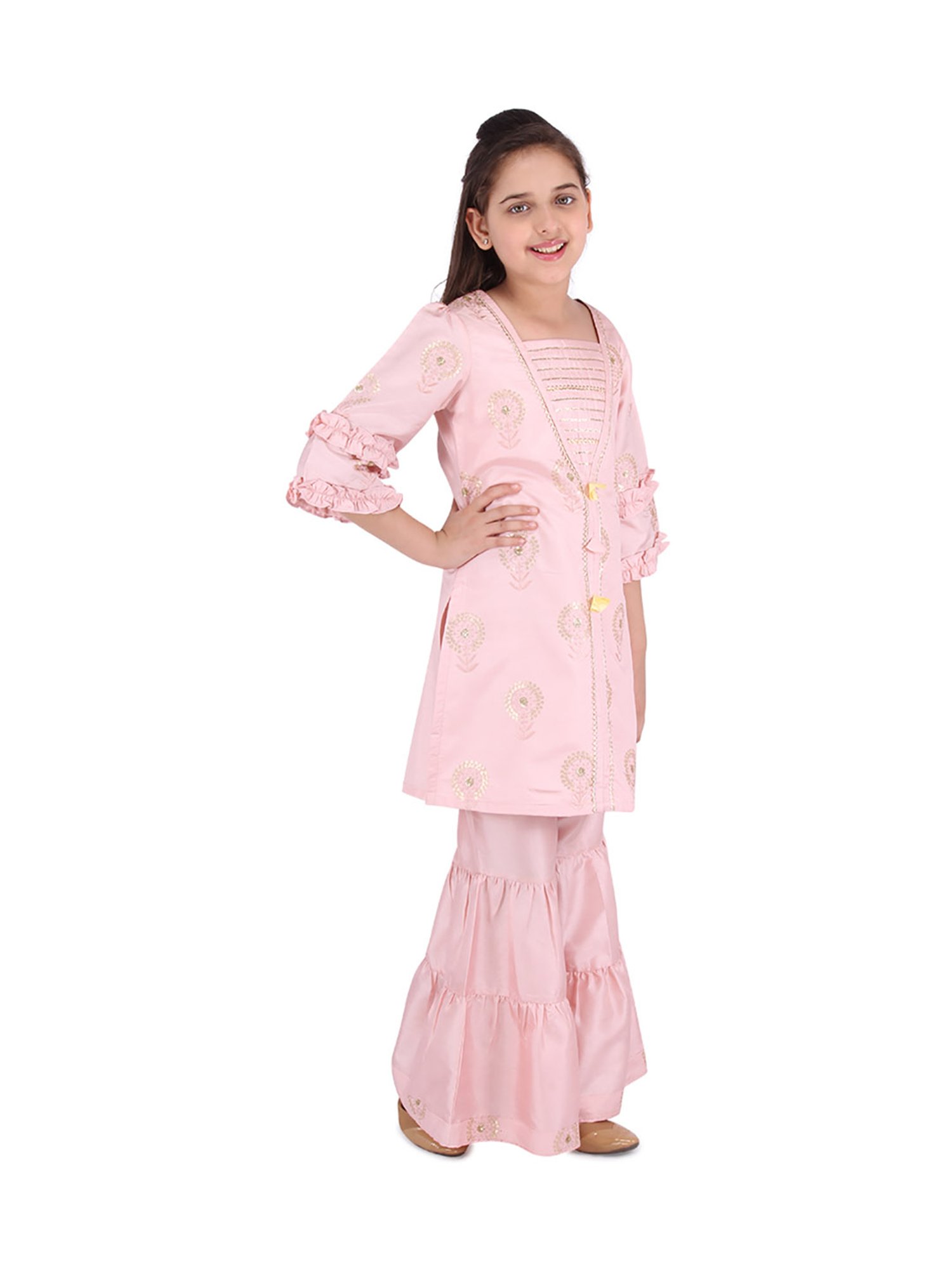 Cutecumber Kids Pink Embellished  Kurta, Palazzos with Bag