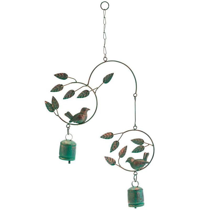 Wind & Weather Metal Birds and Bells Wind Chime with Green Over Gold Patina-Like Finish