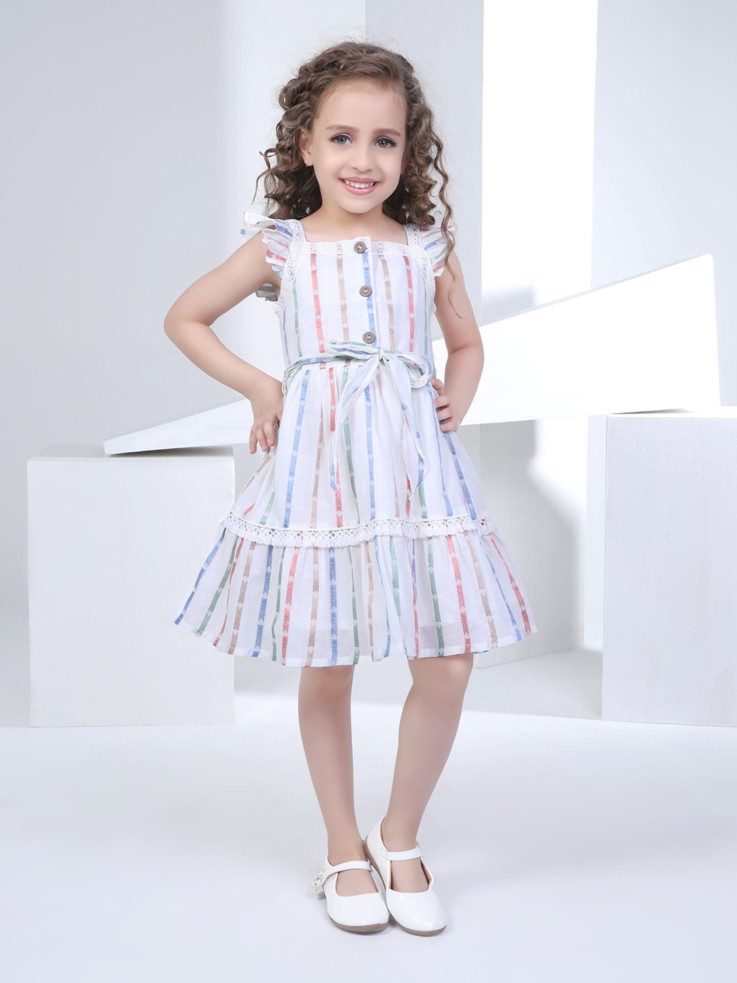 Peppermint Kids Beige Striped Dress