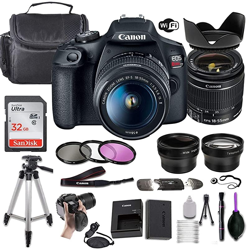 EOS Rebel T7 DSLR Camera w/EF-S 18-55mm f/3.5-5.6 is II Lens + Wide-Angle and Telephoto Lenses + Portable Tripod + Memory Card + Deluxe Accessory Bundle