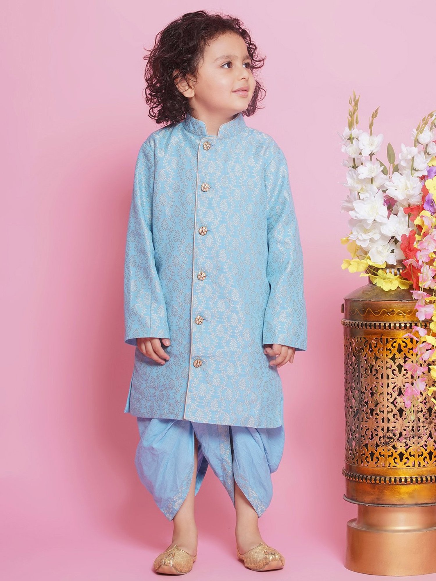 Little Bansi Kids Blue Embroidered Full Sleeves Sherwani with Dhoti