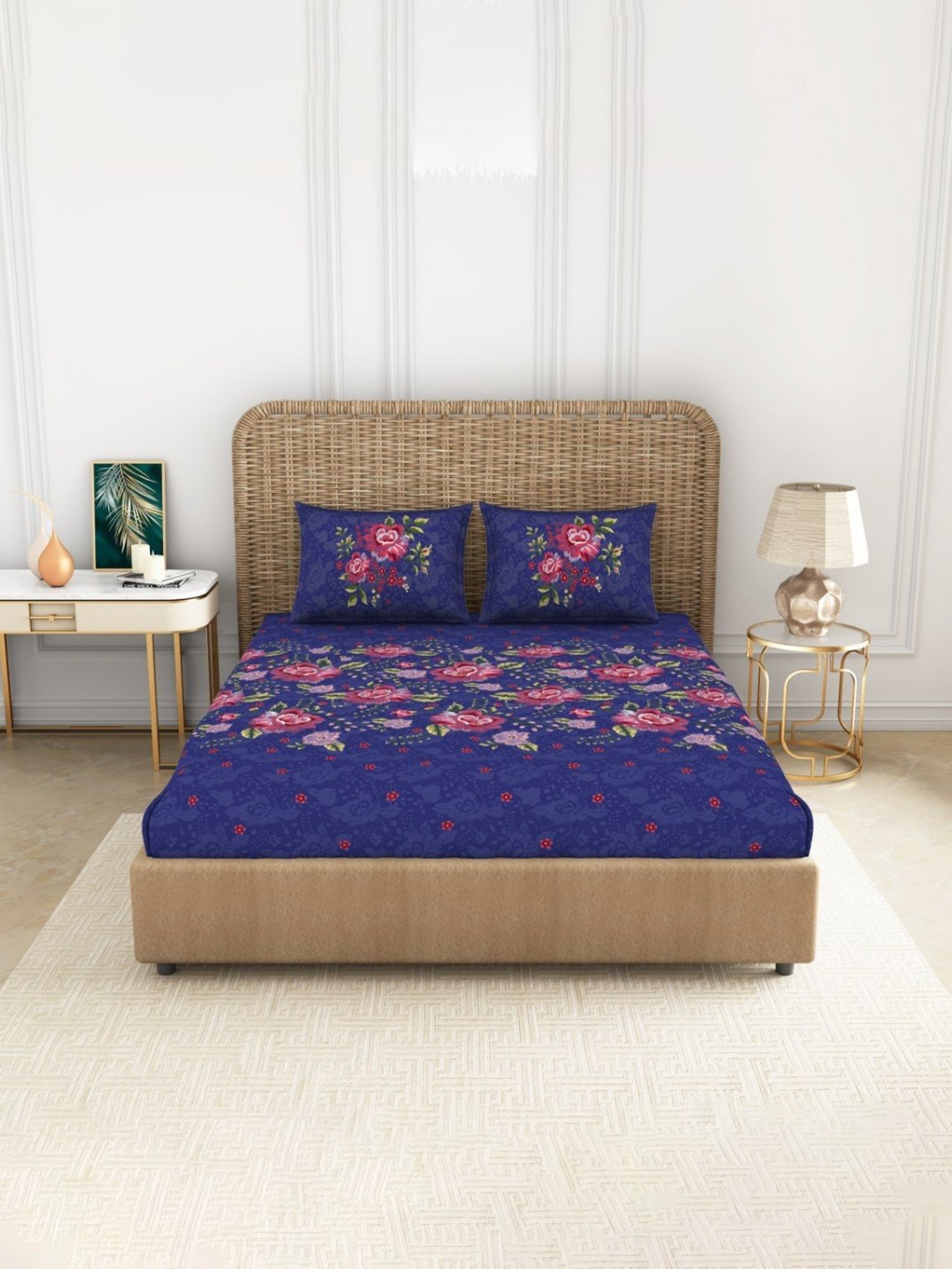 Spaces Printed Blue 144 TC Cotton Queen Bed Sheet with 2 Pillow Covers