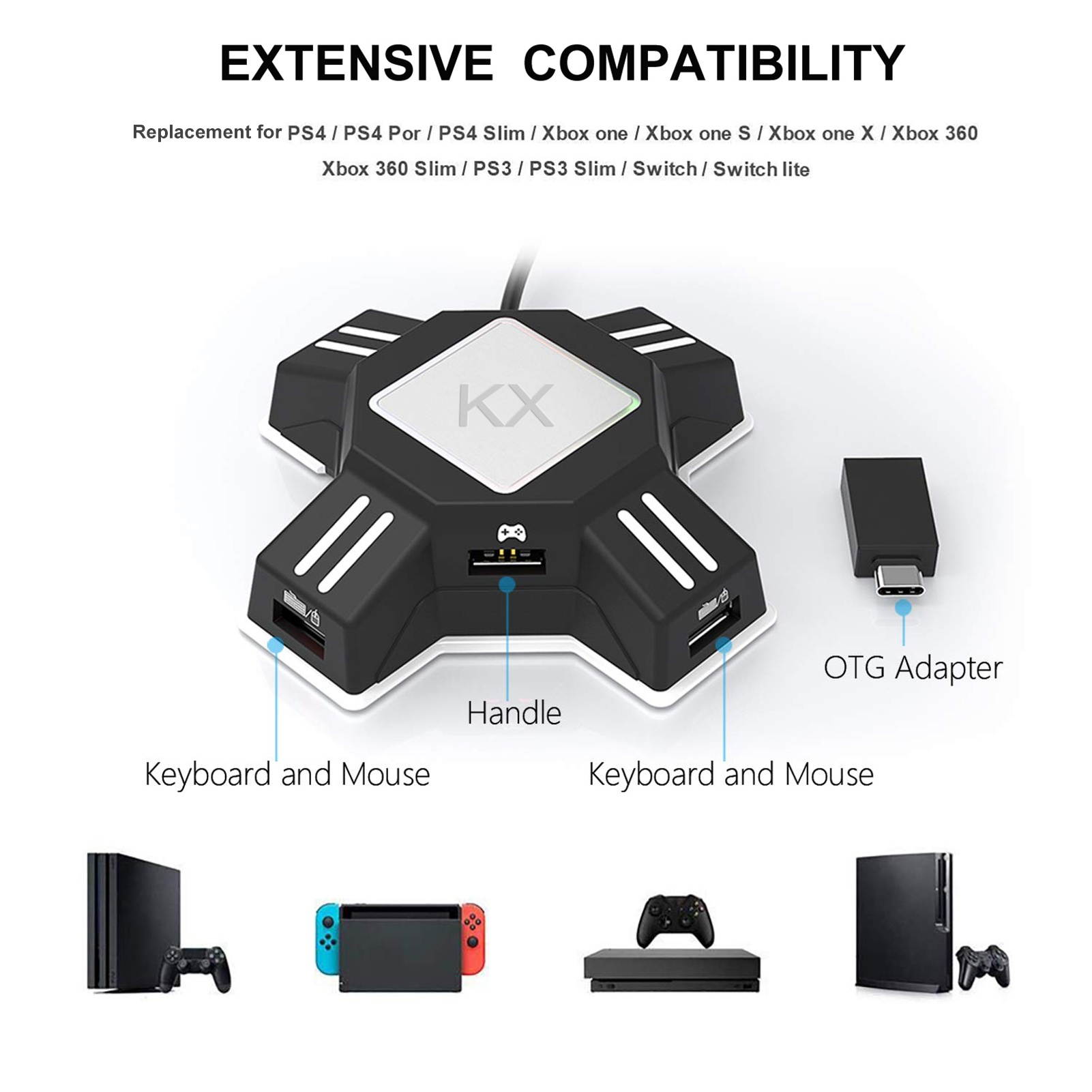 Keyboard Mouse Adapter Portable Mouse Keyboard Converter Adapter Replacement for Switch/X-box/PS5/P-S-4/PS3 KX Gamepad Controller Adapter