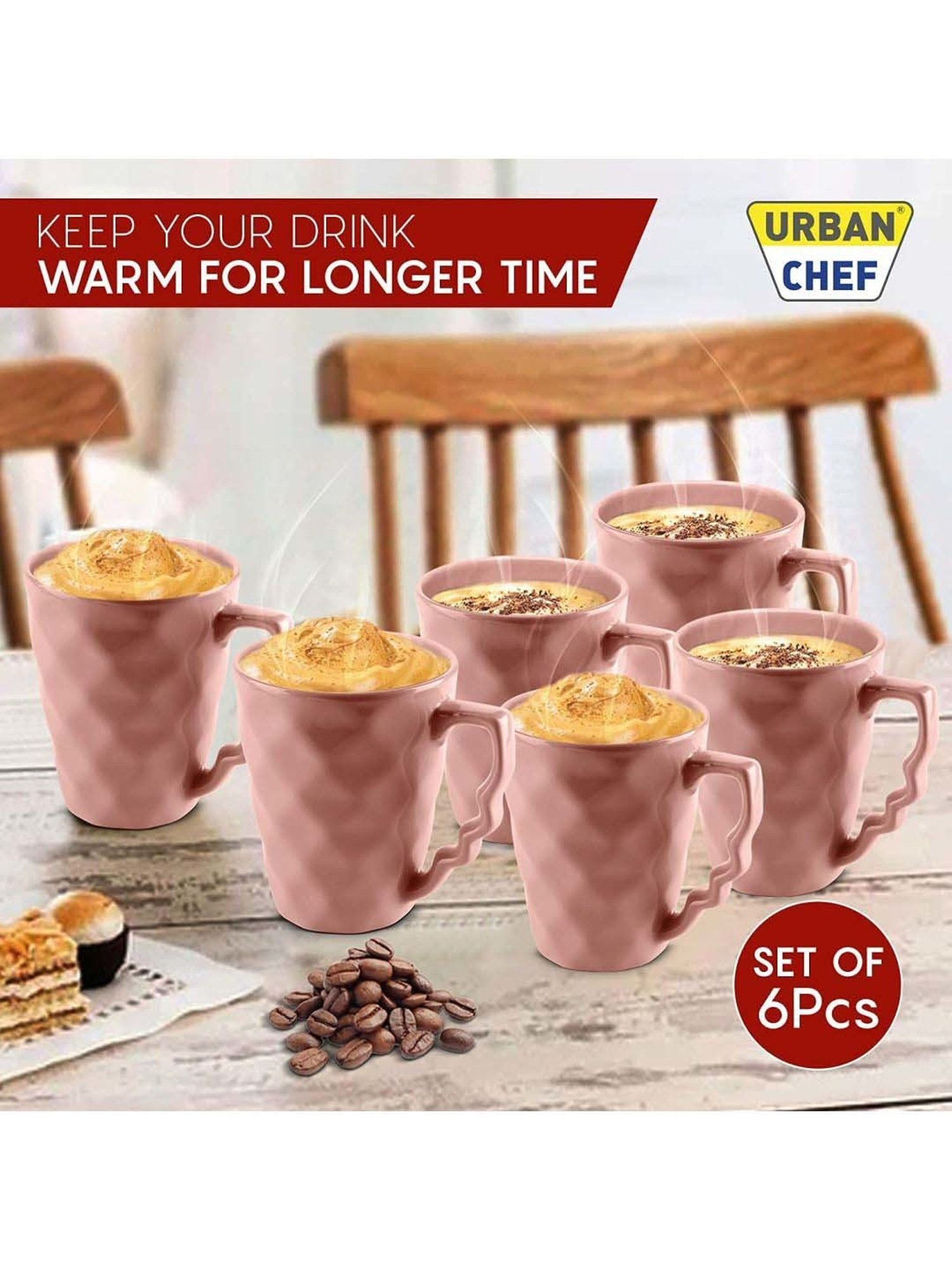 Urban Chef Pink Ceramic Microwave Safe Coffee Mug (0.225 L) - Set of 6