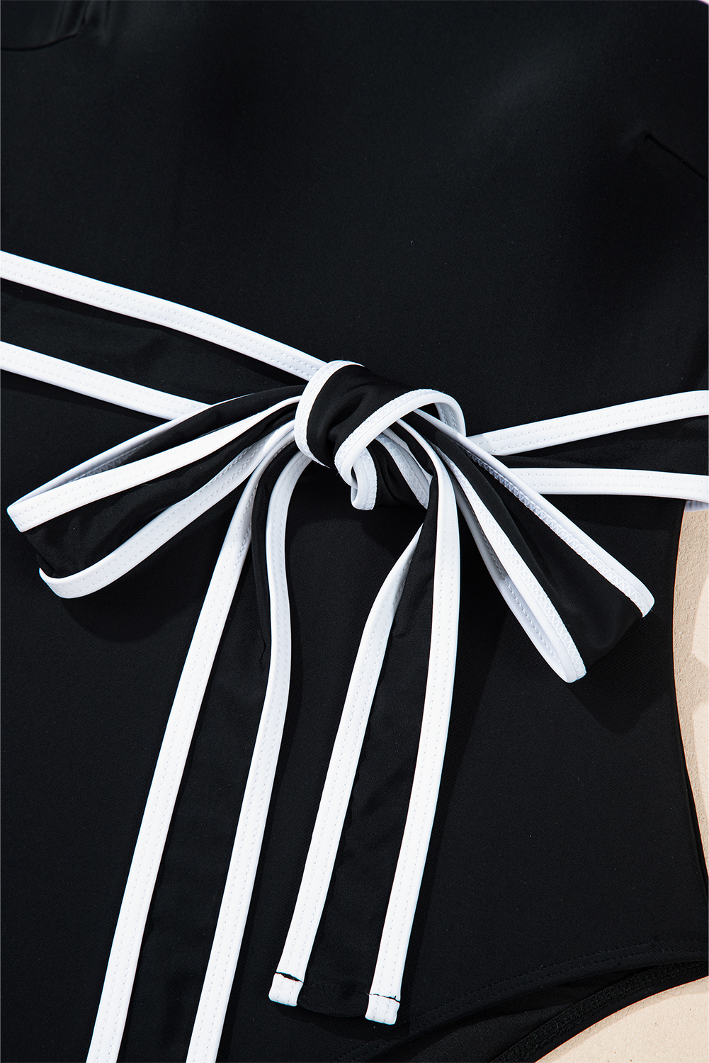 Rose Red Criss Cross Straps Tie Back Flared One Piece Swimsuit