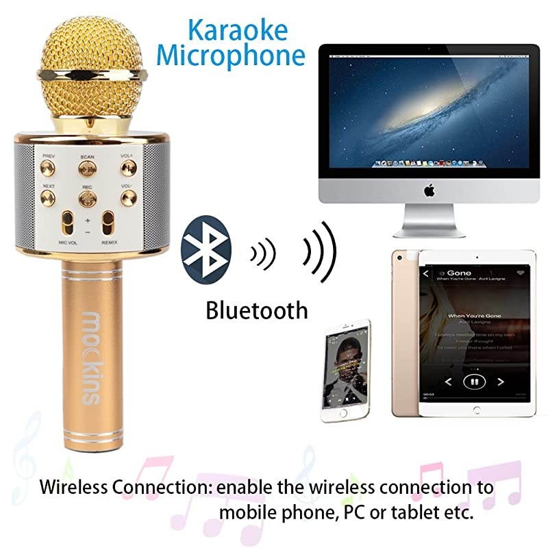 Wireless Bluetooth Karaoke Microphone with Built in Bluetooth Speaker Speaker Allinone Karaoke Machine | Compatible with Android iOS iPhone Gold Color