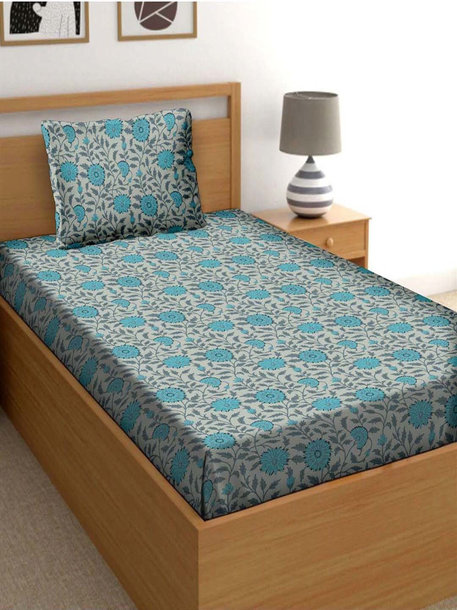 BELLA CASA Cuddle Floral Teal Blue 150 TC Cotton Single Bedsheet with 1 Pillow Cover