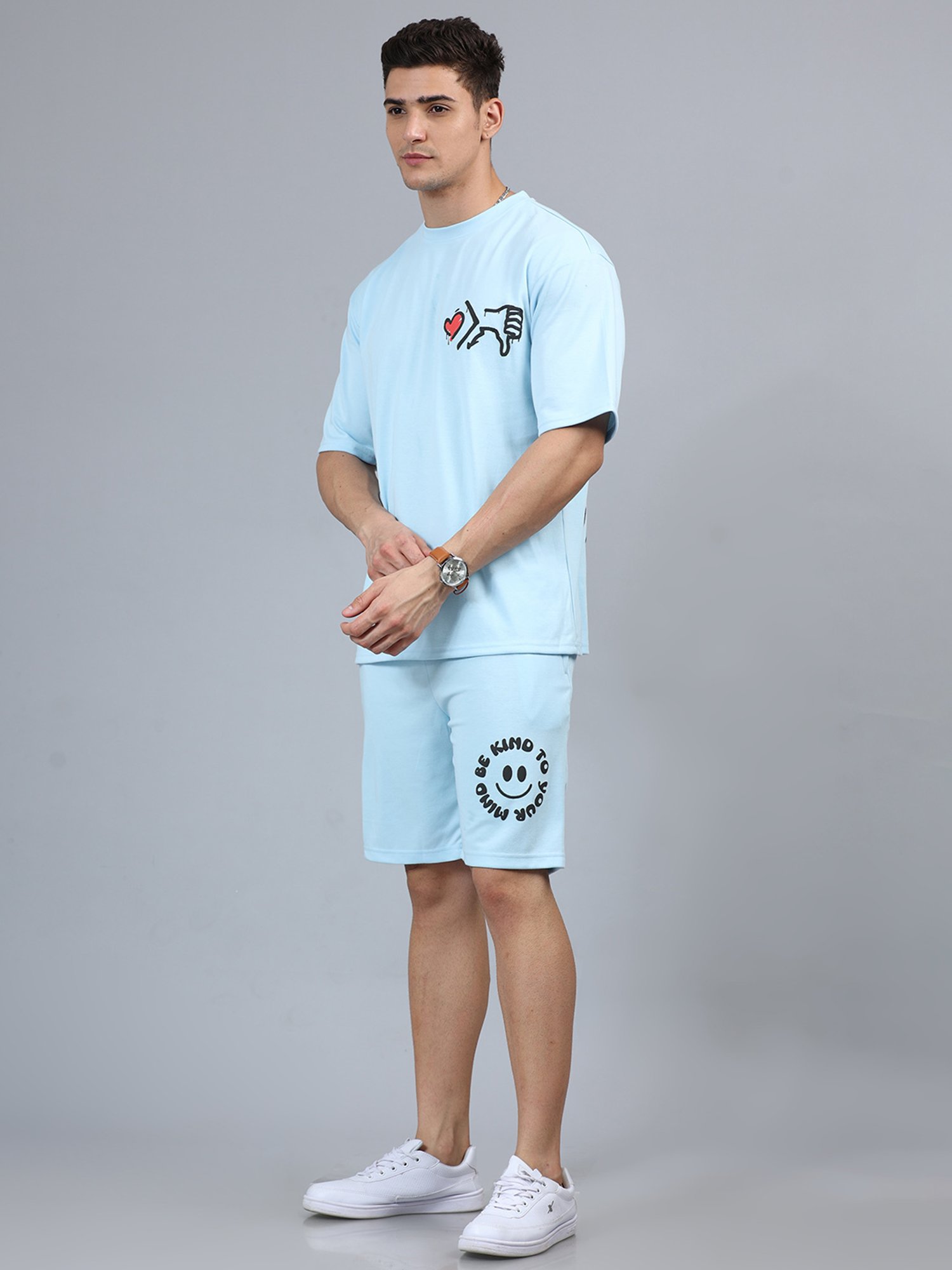 Bushirt Sky Blue Loose Fit Printed Cotton T-Shirt & Shorts Set