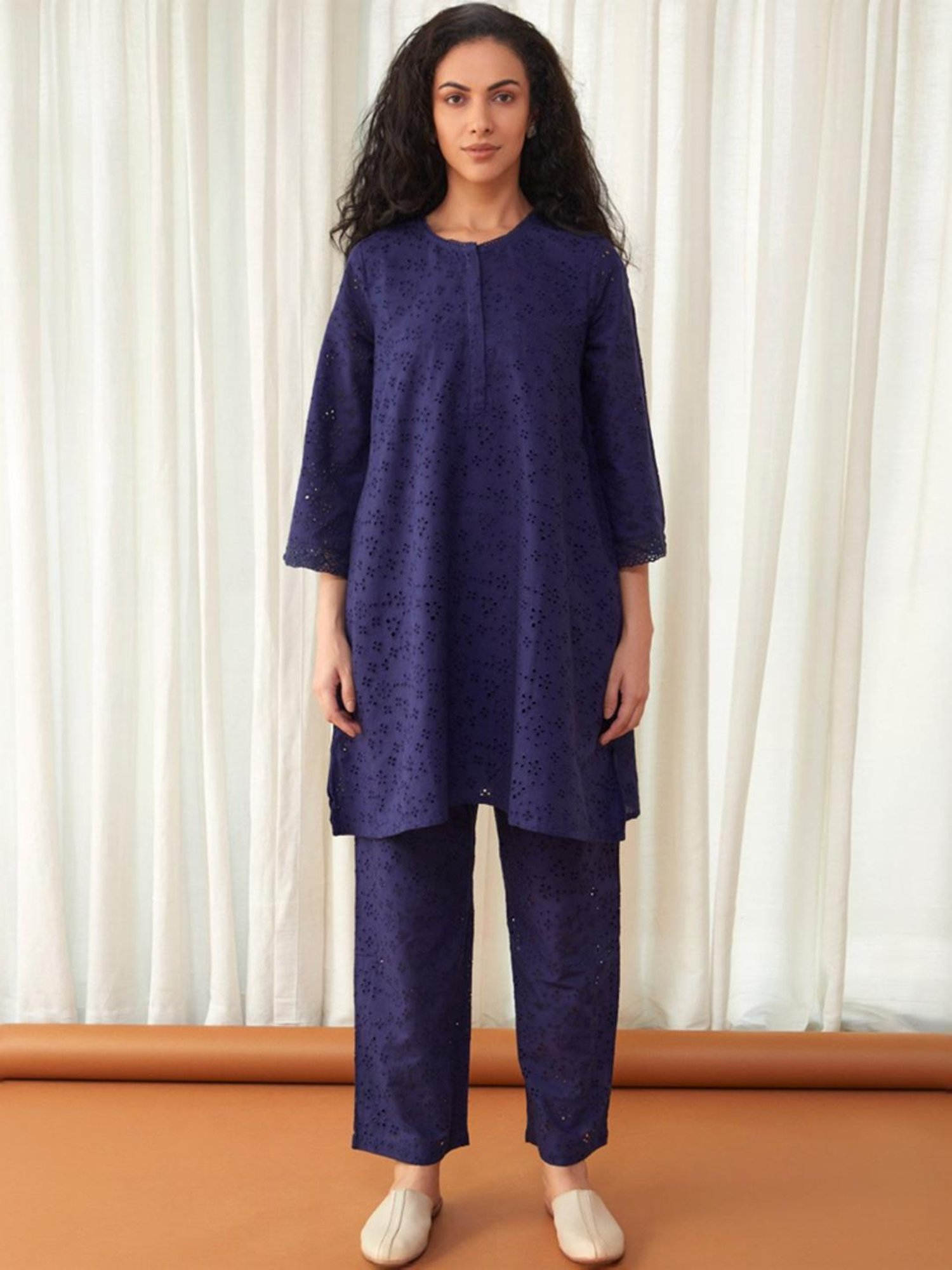 Bombay Bloom Midnight Blue Flared Cutwork Cotton Tunic with Pant Co-ord Set