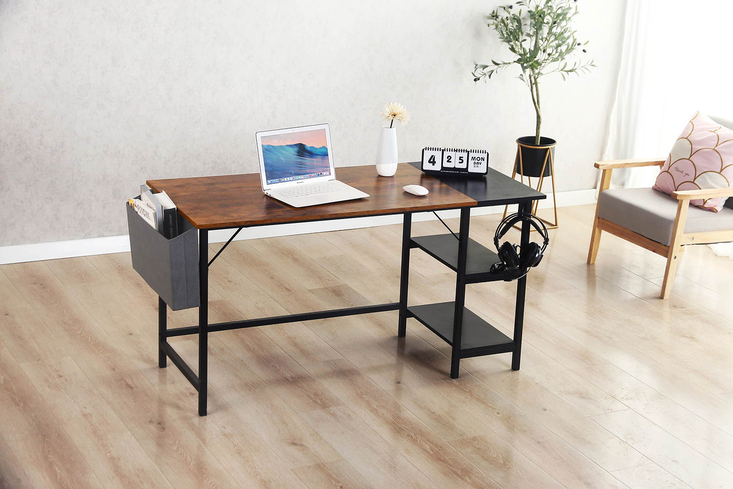 wooden compute desk ,metal frame ,suit for home office,Brown