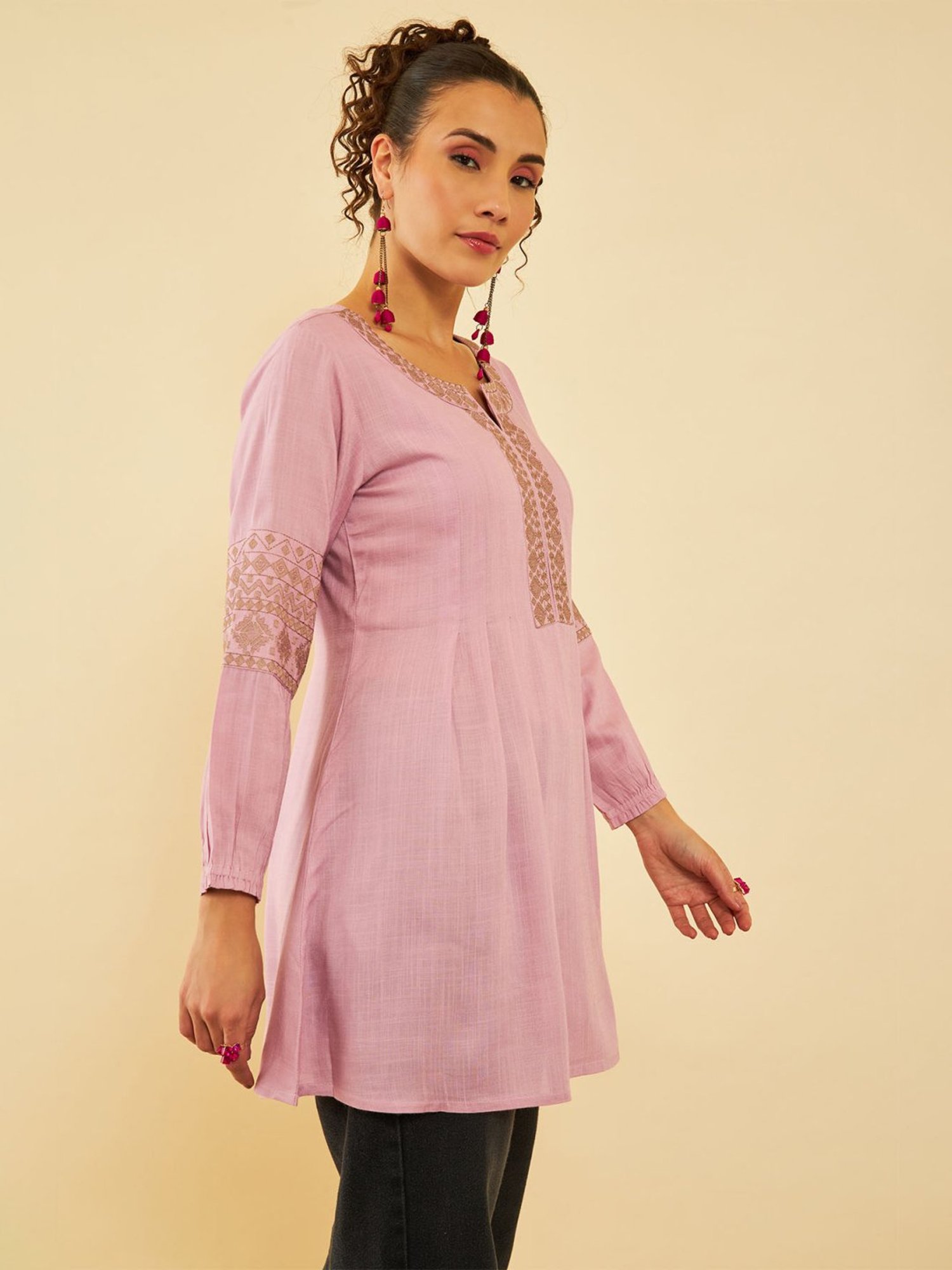 Soch Purple Rayon Slub Yoke Embroidery A-Line Tunic With Darts