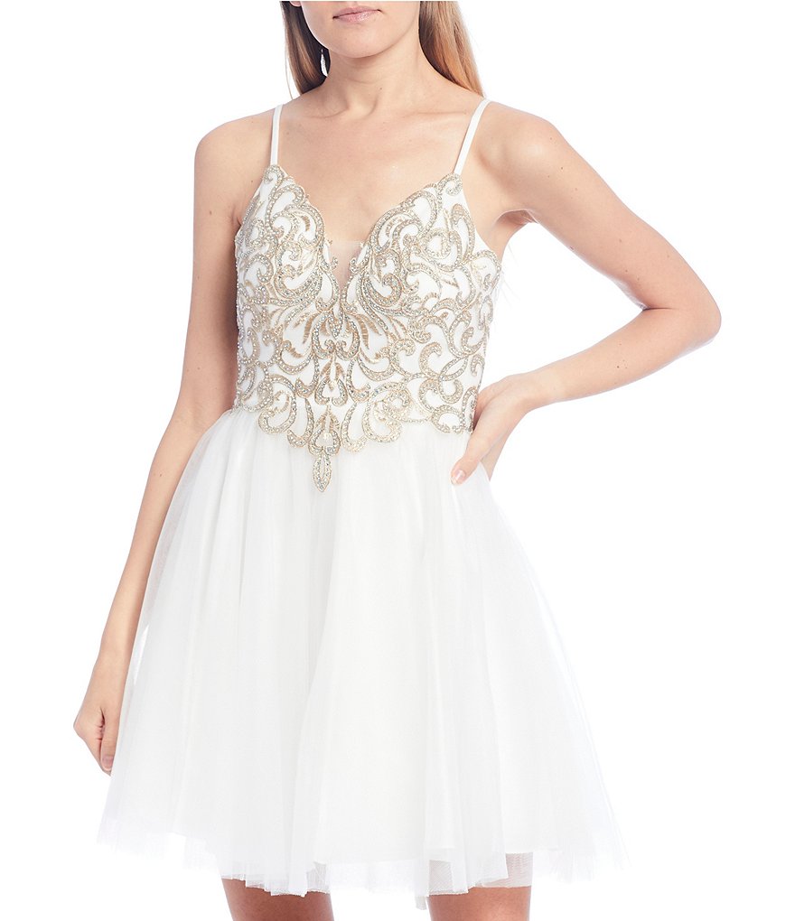 Blondie Nites Spaghetti Strap Embroidered Bodice Lace-Up Back Mesh Dress