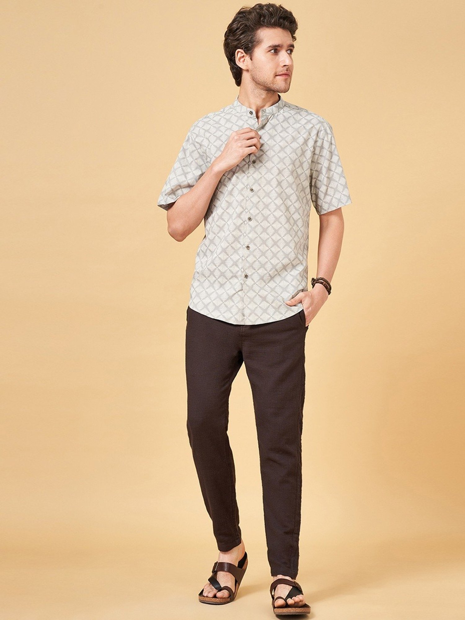 Indus Route by Pantaloons Desert Sage Regular Fit Printed Shirt