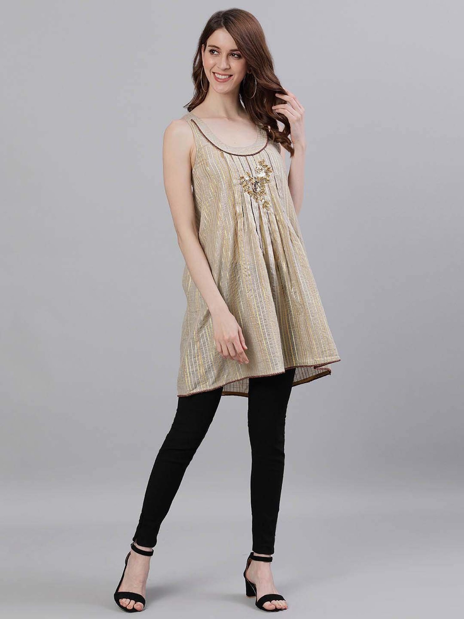 Ishin Beige Pure Cotton Embellished Top