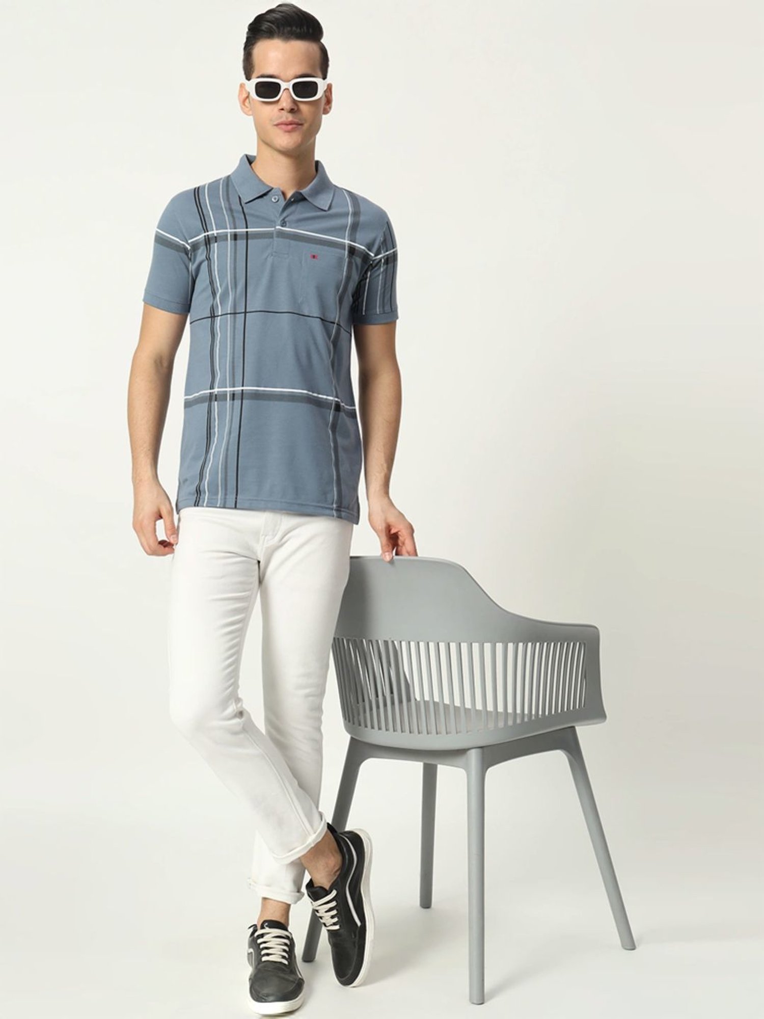 Tab91 Grey Regular Fit Checks Polo T-Shirts