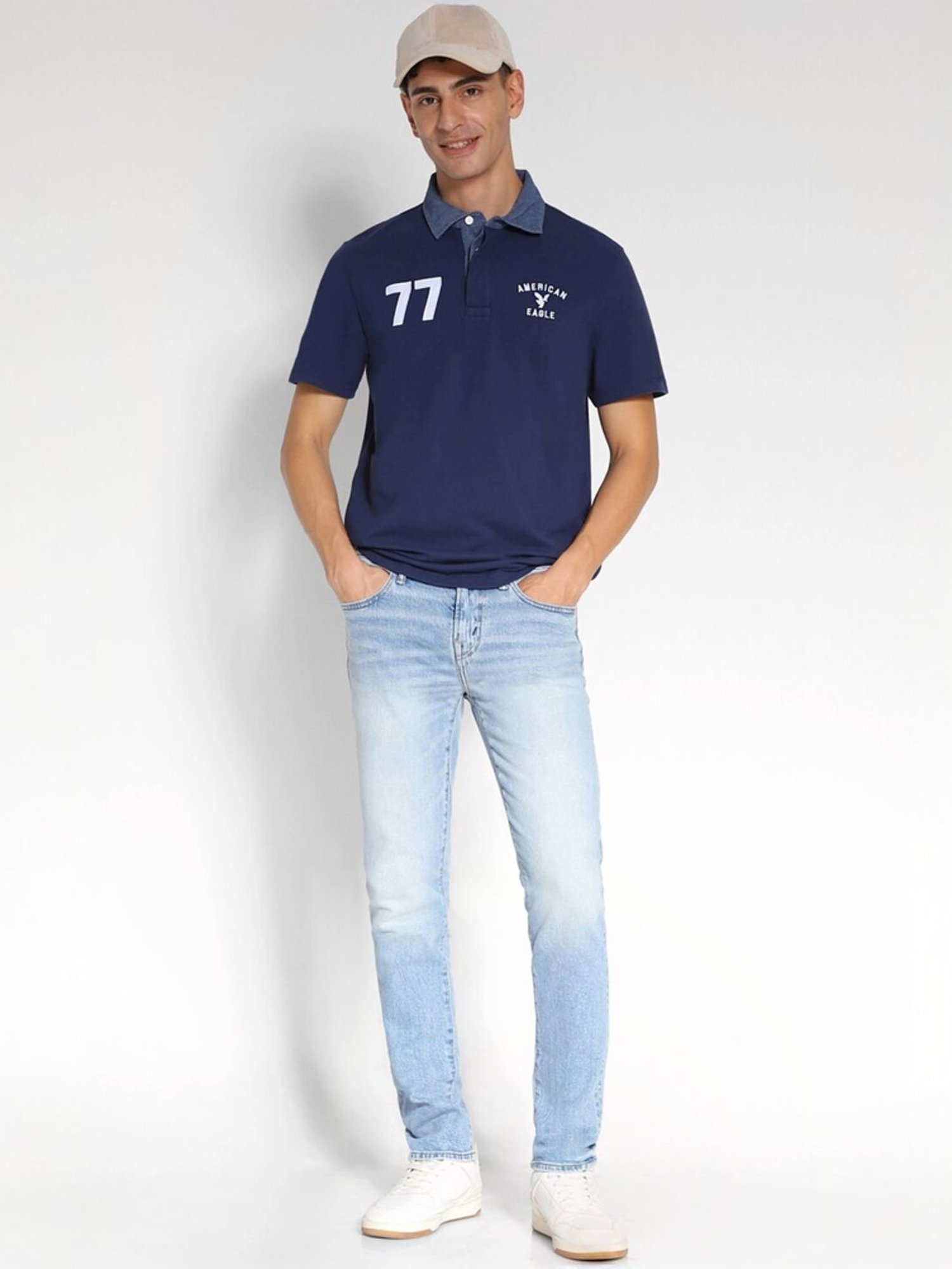 American Eagle Navy Cotton Regular Fit Printed T-Shirt