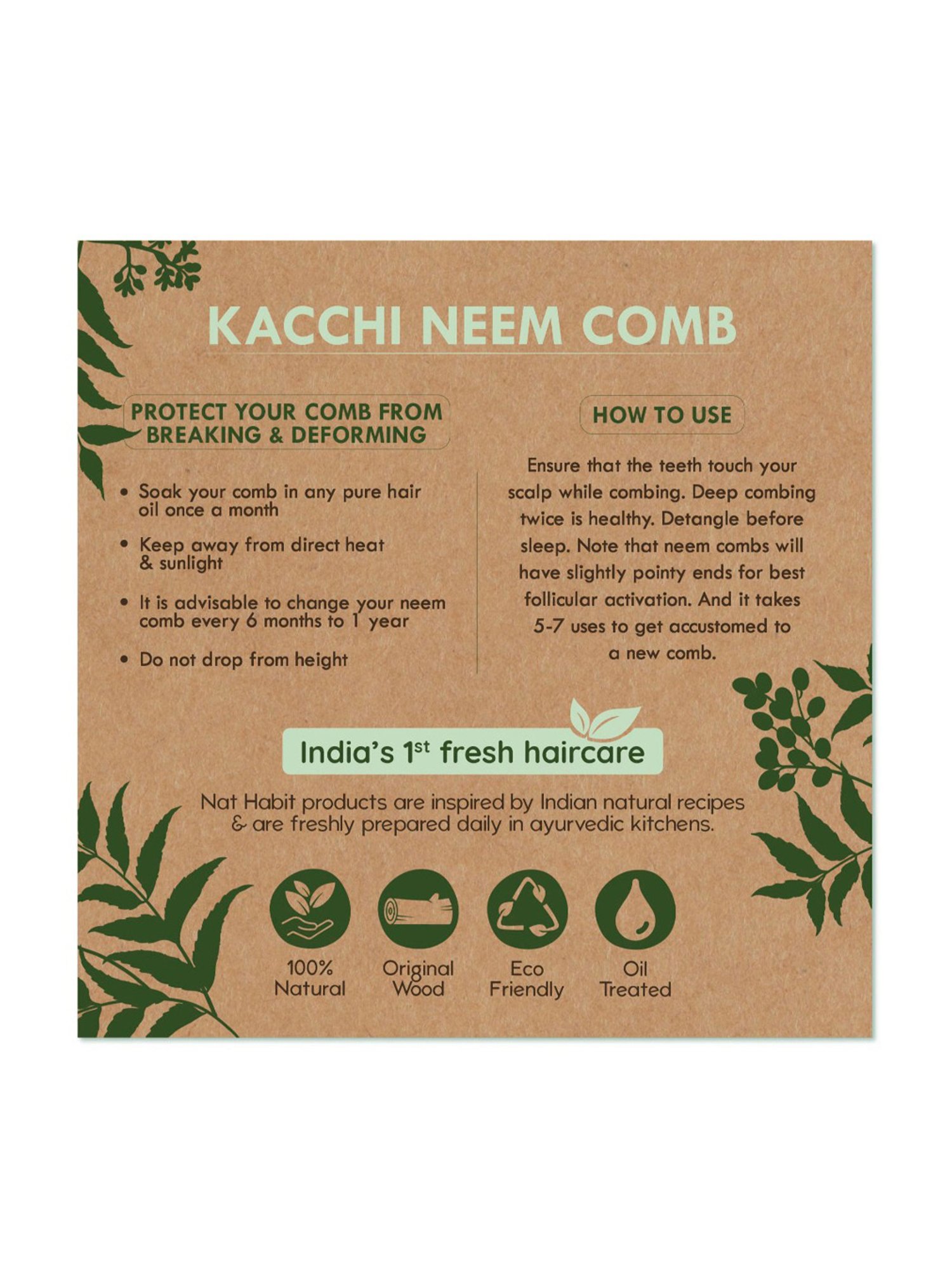 Nat Habit Kacchi Neem Wooden Wide Tooth Comb - Small