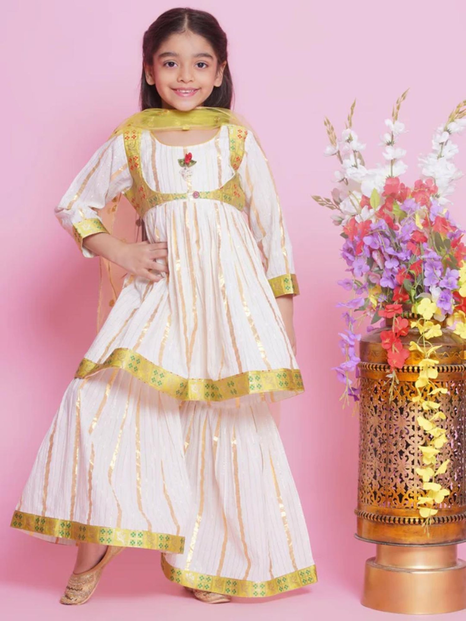 Little Bansi Kids Cream & Green Self Design Kurta, Gharara with Dupatta