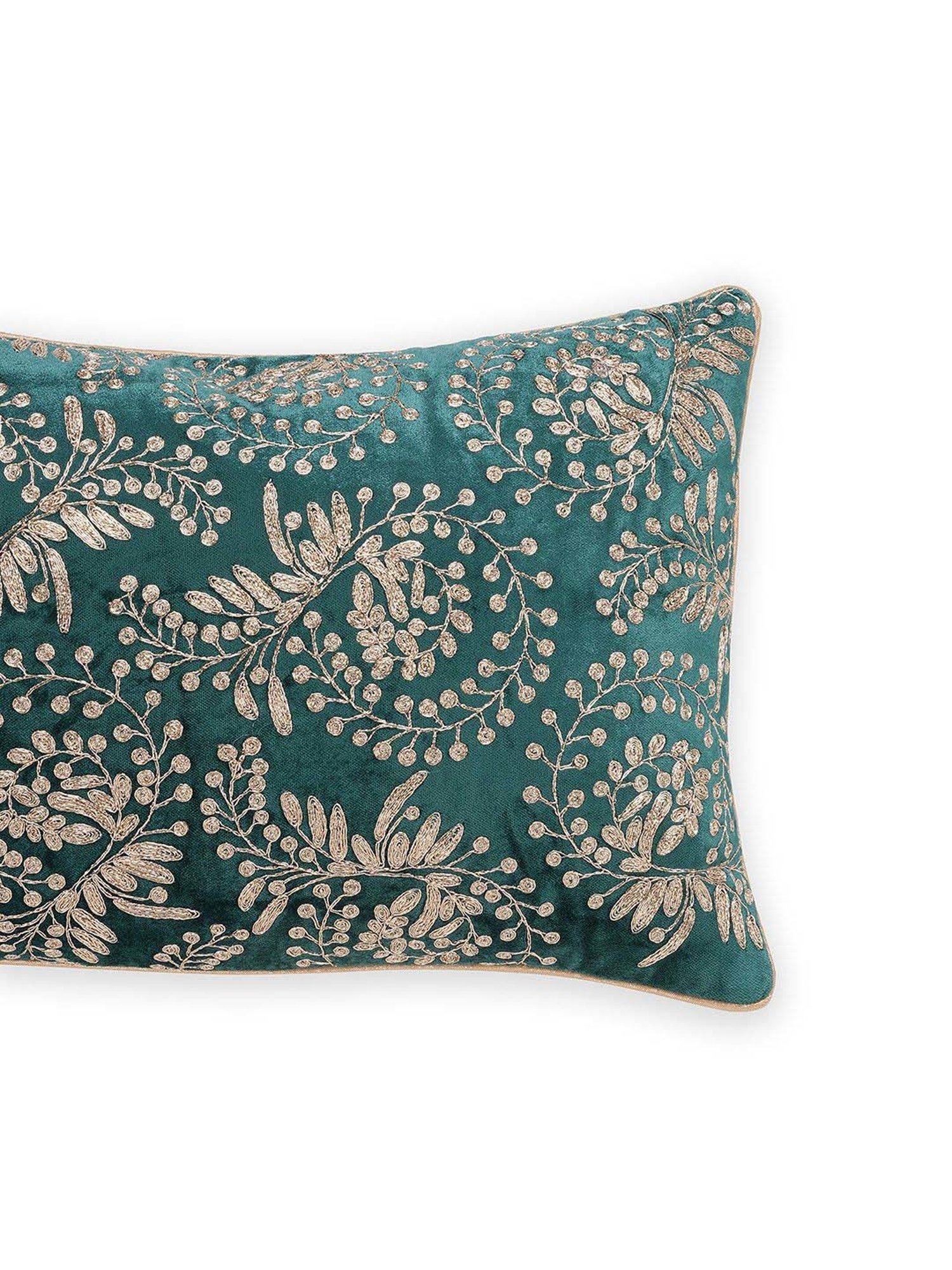 Pure Home and Living Teal Velvet Zari Embroidered Rectangular Cushion Cover