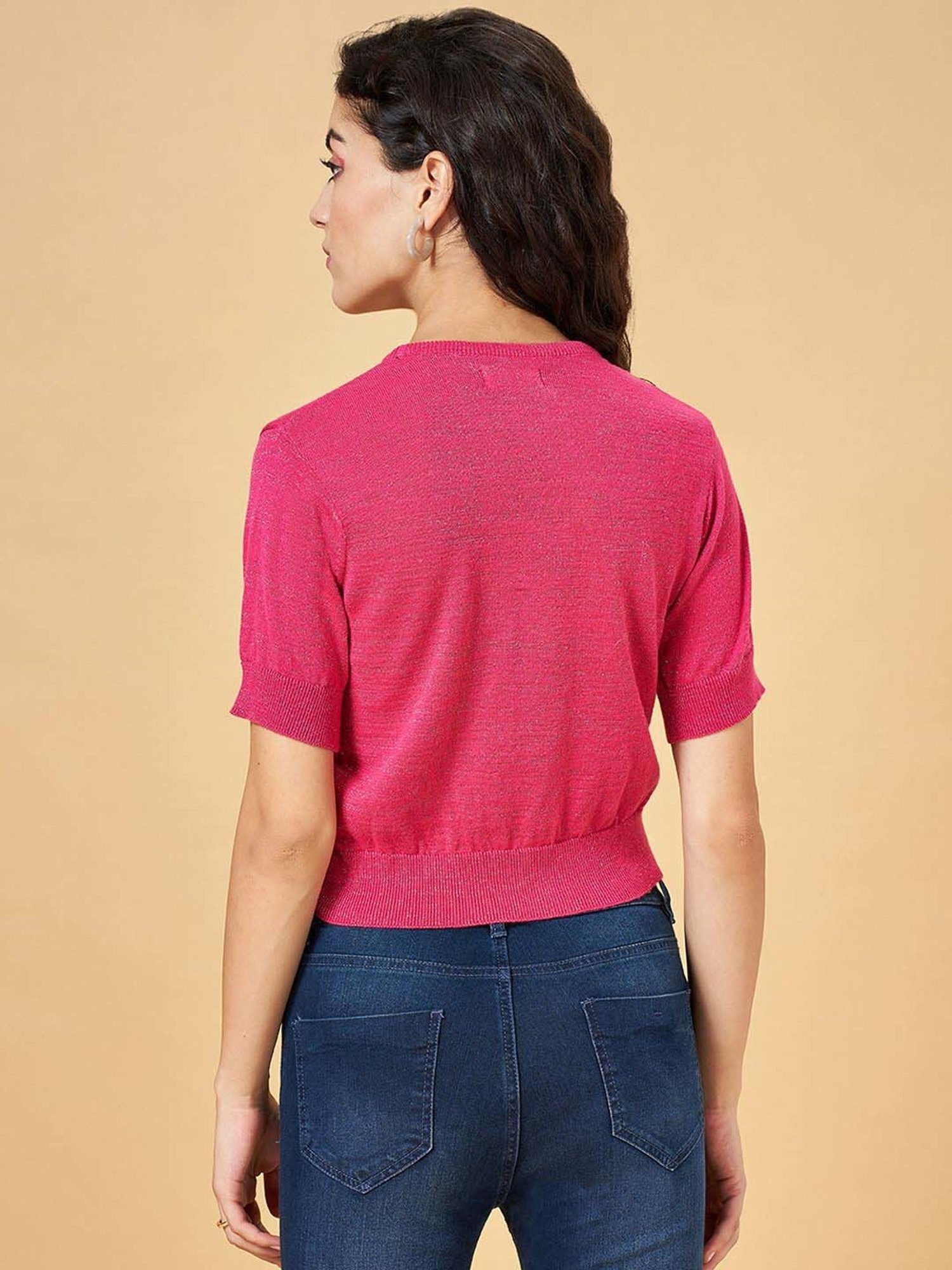People by Pantaloons Pink Cotton Textured Crop Top