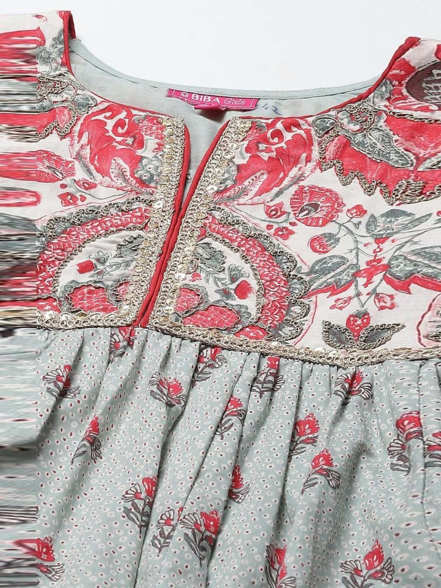 Biba Kids Smokey Blue & Pink Cotton Printed Kurta Set