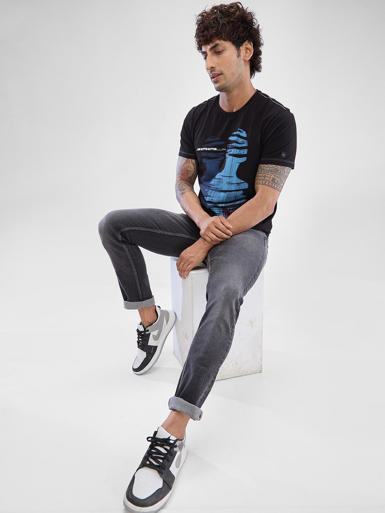 Spykar Black Slim Fit Printed T-Shirt