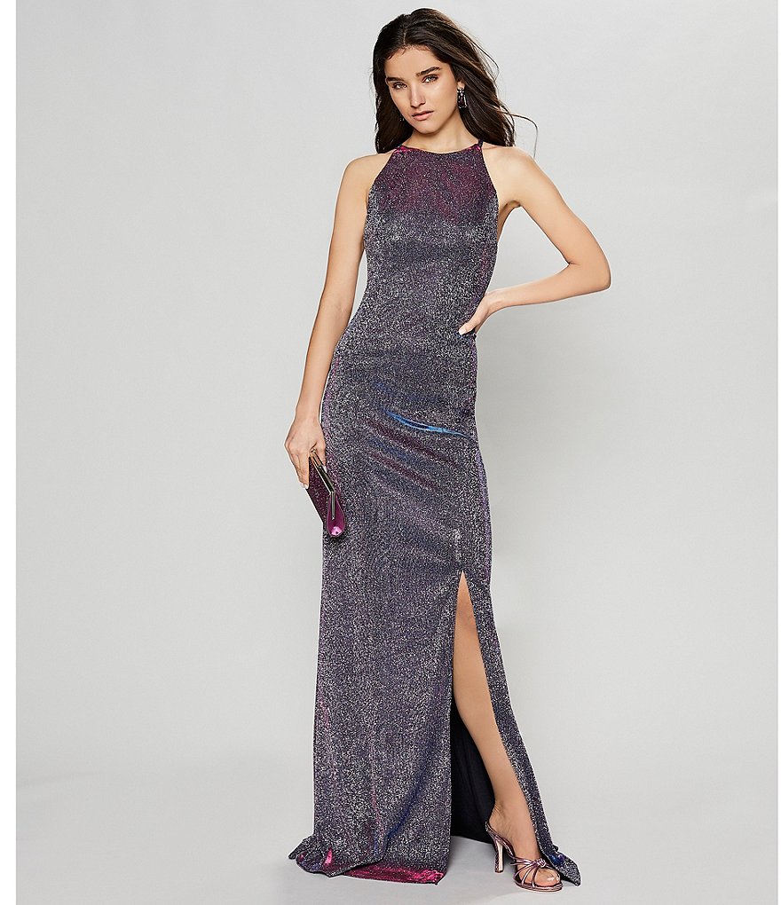 Dear Moon Double Spaghetti Strap Side Slit Shimmer Shine Long Dress