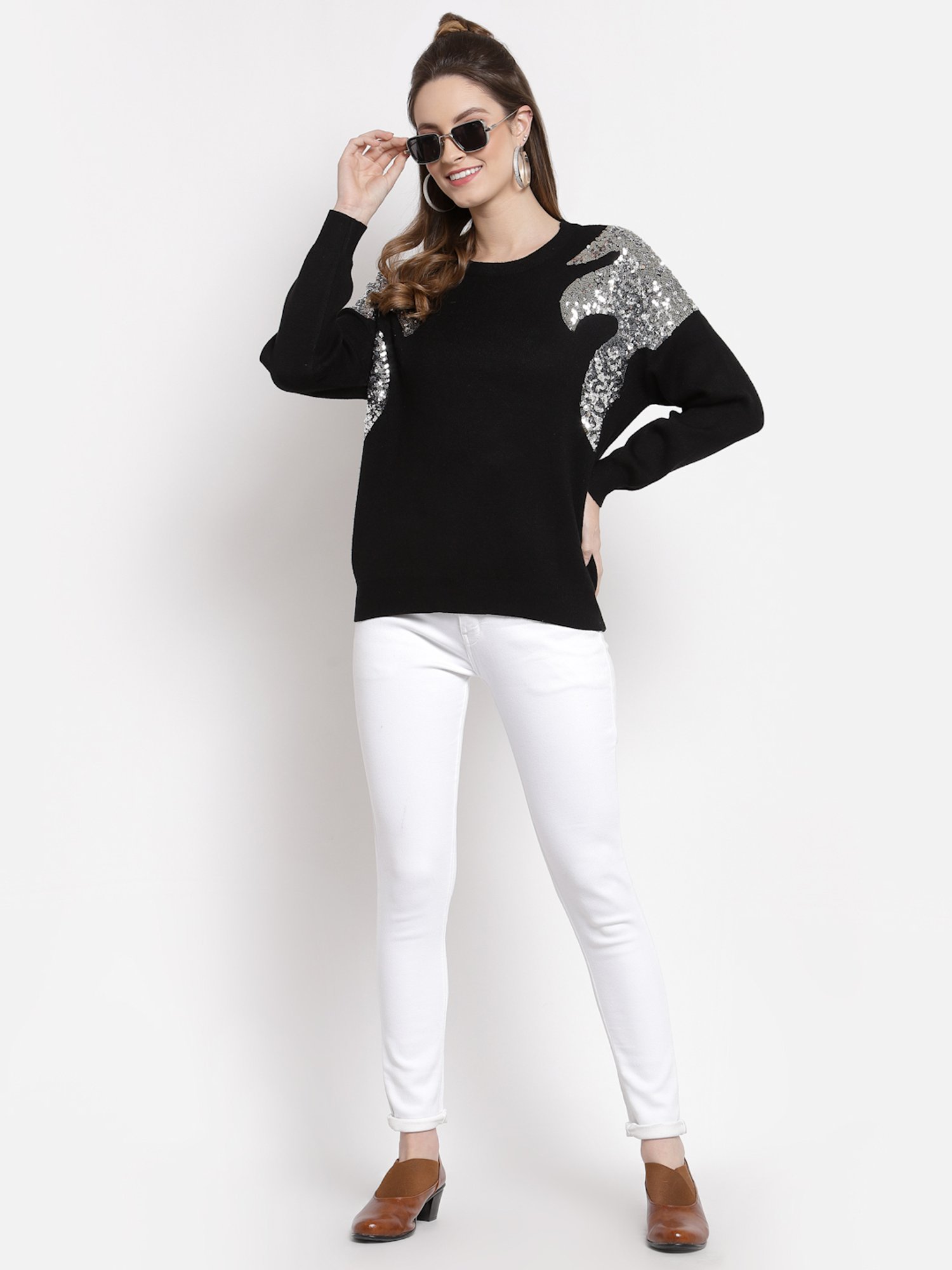 Mafadeny Black Embellished Round Neck Sweater