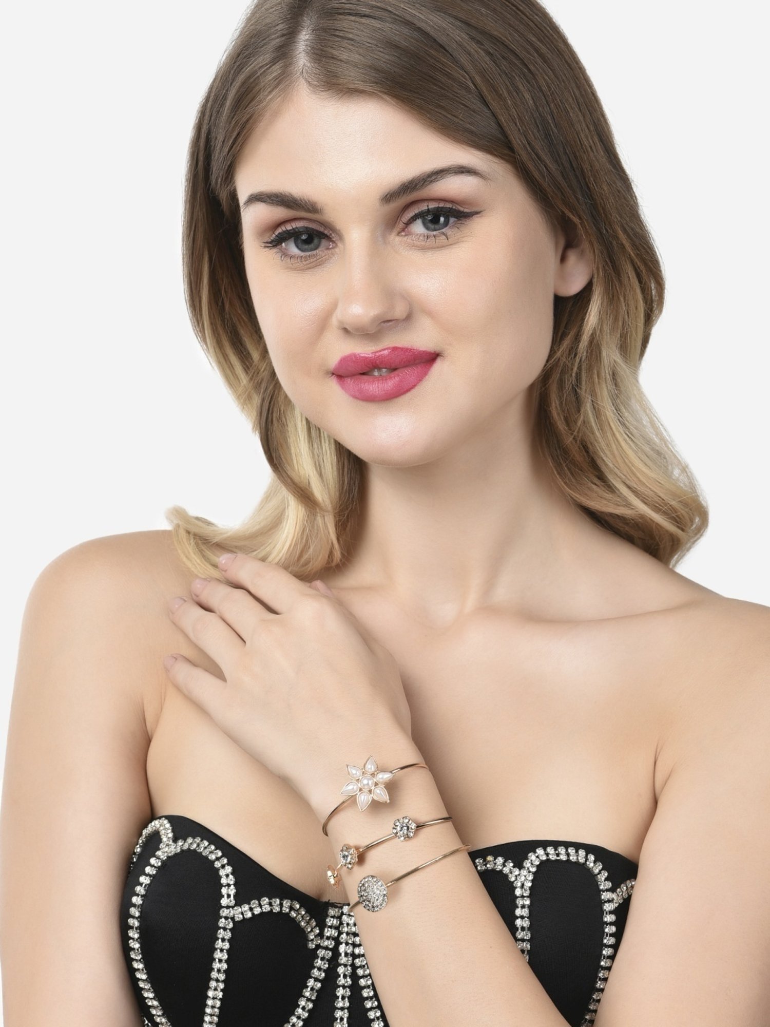 Zaveri Pearls Set of 3 Gold Tone Dazzling Diamonds & Teardrop Pearl Stack Bracelets-ZPFK14631