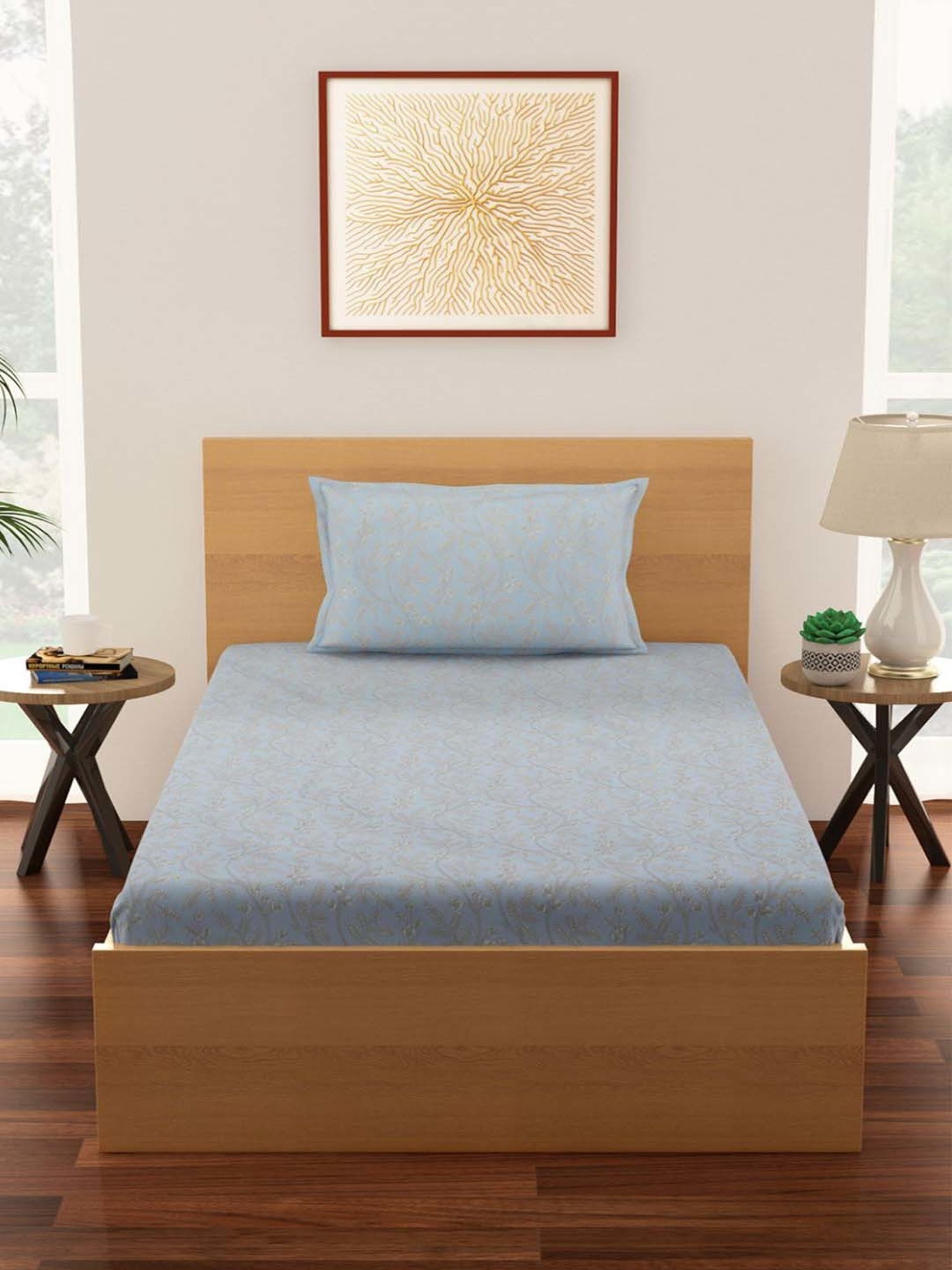 Living Scapes by Pantaloons Blue Blend Bedsheet With 1 Pillow Cover