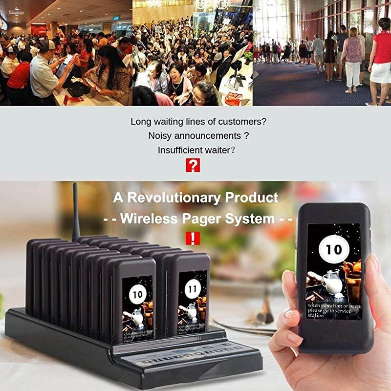 Restaurant Pager System with 20 pcs Coaster Pagers and 1 pc 999-Channel Keypad Call Button Extensible Wireless Calling System for Food Truck Clinic Church Cafe Shop