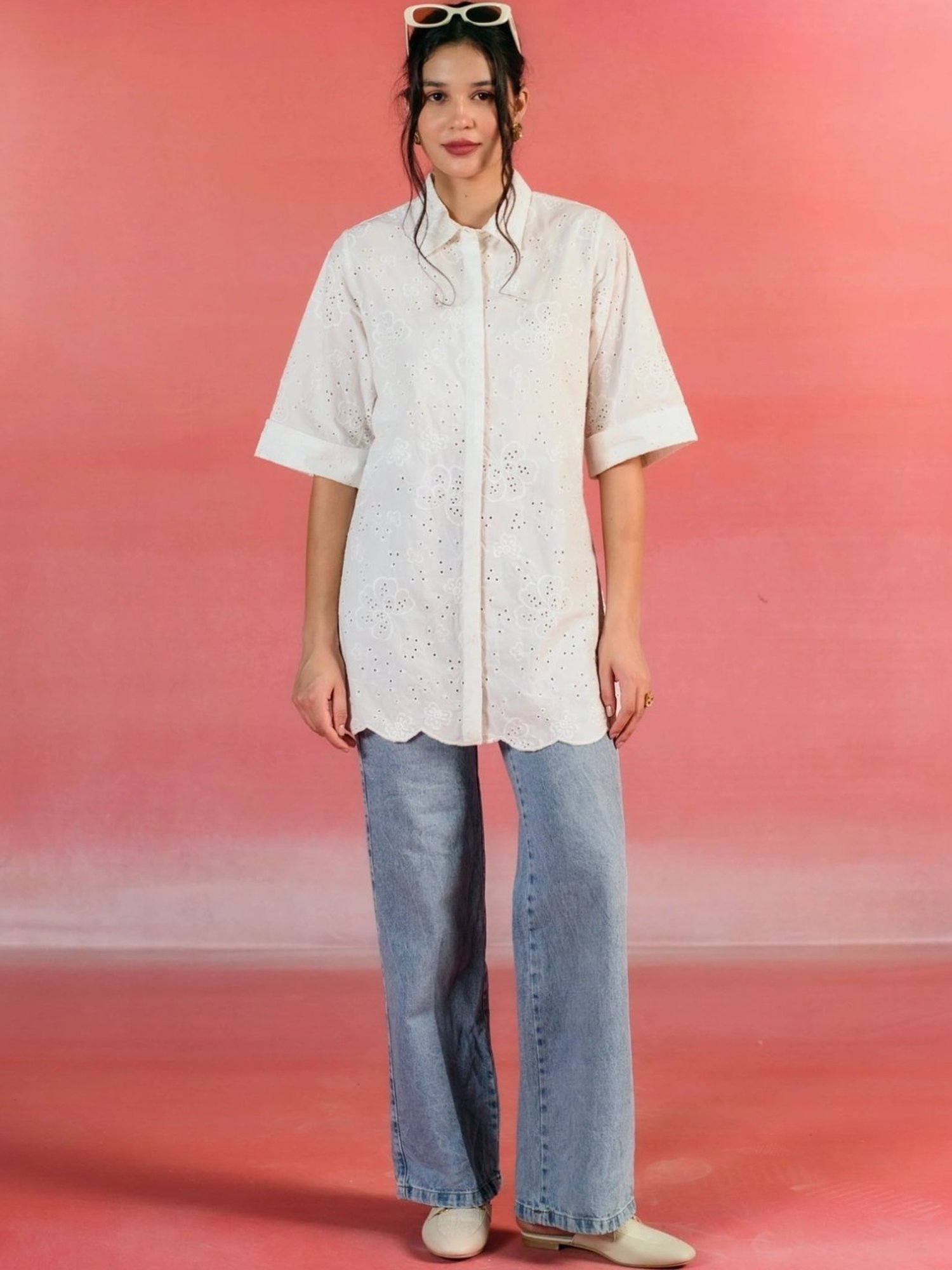 Kameez by Pooja White Embroidered Poplin Shirt