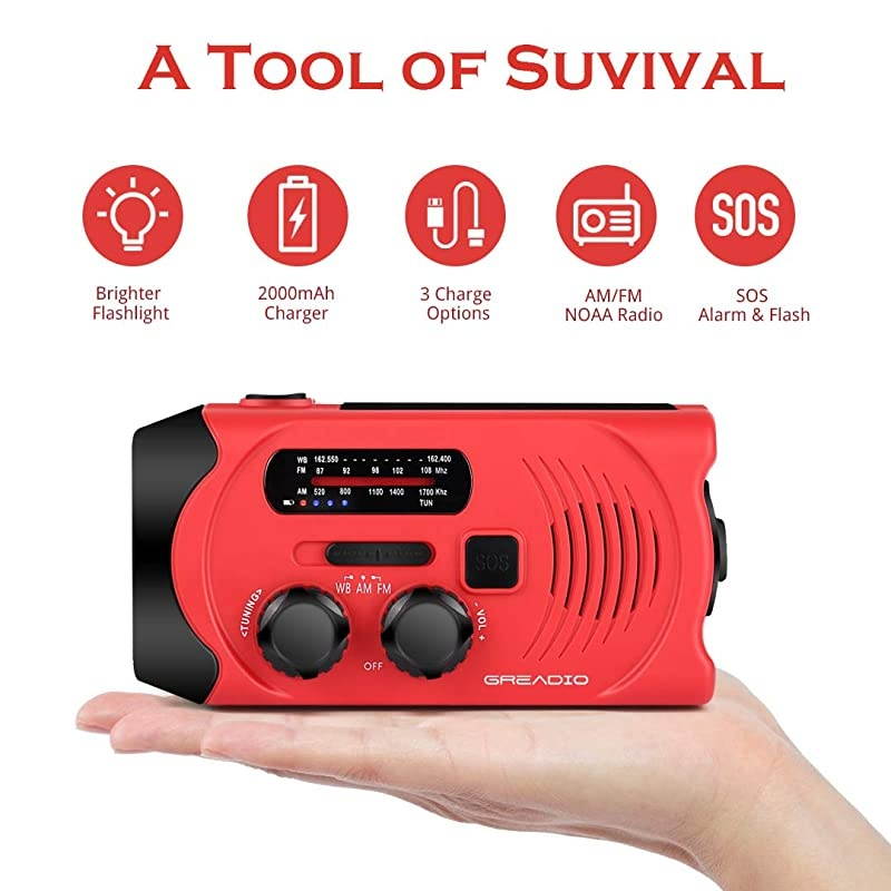Hand Crank Radio Weather Solar NOAA Radio with AMFM Bright Flashlight SOS Alarm and 2000mAh Power Bank for and Outdoor Activies Red
