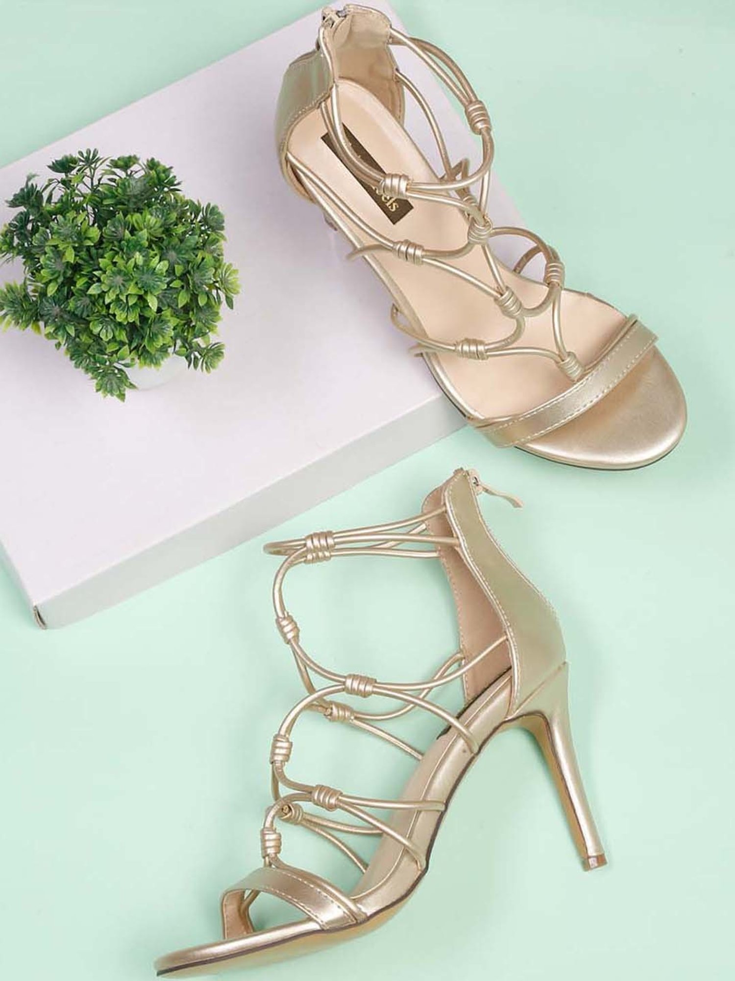 Flat N Heels Women's Golden Ankle Strap Stilettos