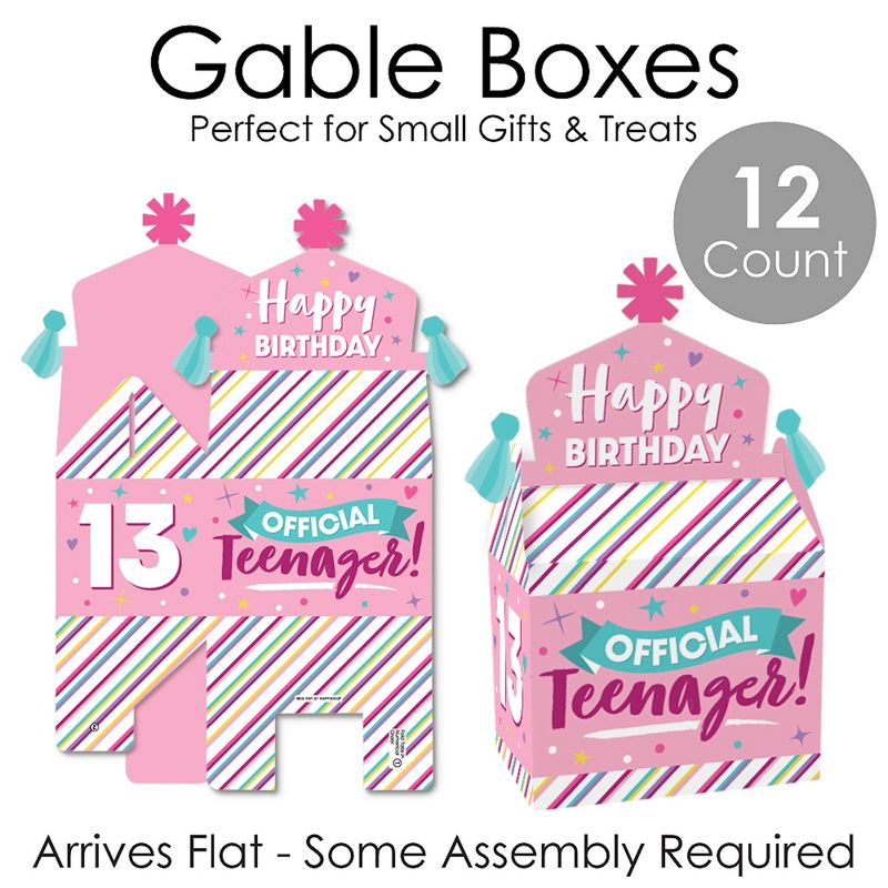 Big Dot of Happiness Girl 13th Birthday - Treat Box Party Favors - Official Teenager Birthday Party Goodie Gable Boxes - Set of 12