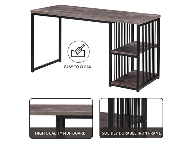 Home Office Computer Desk, 55 Inch Writing Desk with 2 Storage Shelves on Left or Right, Stable Metal Frame, Easy Assembly,Brown,GT52