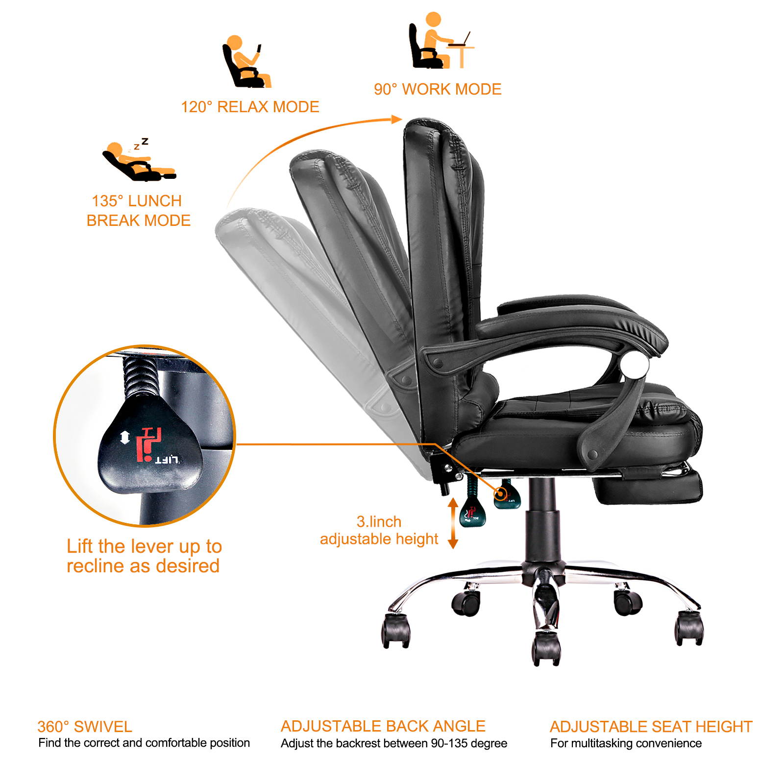 (Ship from US!!!)  High Back Office Swivel Chair, PU Leather Gaming Chair, Computer Chair, Desk Chair with Padded Armrests, Adjustable Height and Angle Ergonomic Task Chair with Lumbar Support