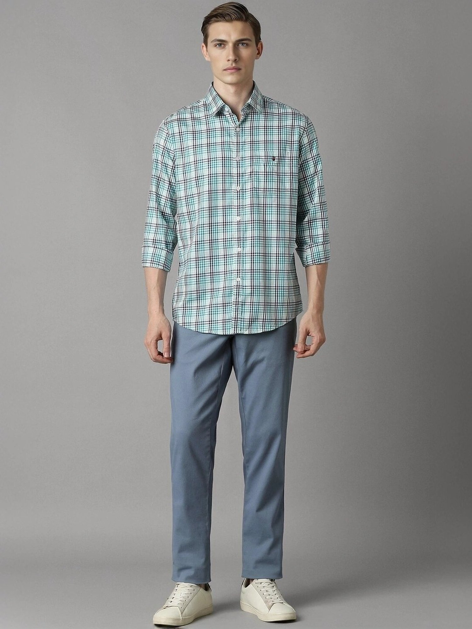 Spykar Blue Cotton Slim Fit Checks Shirt