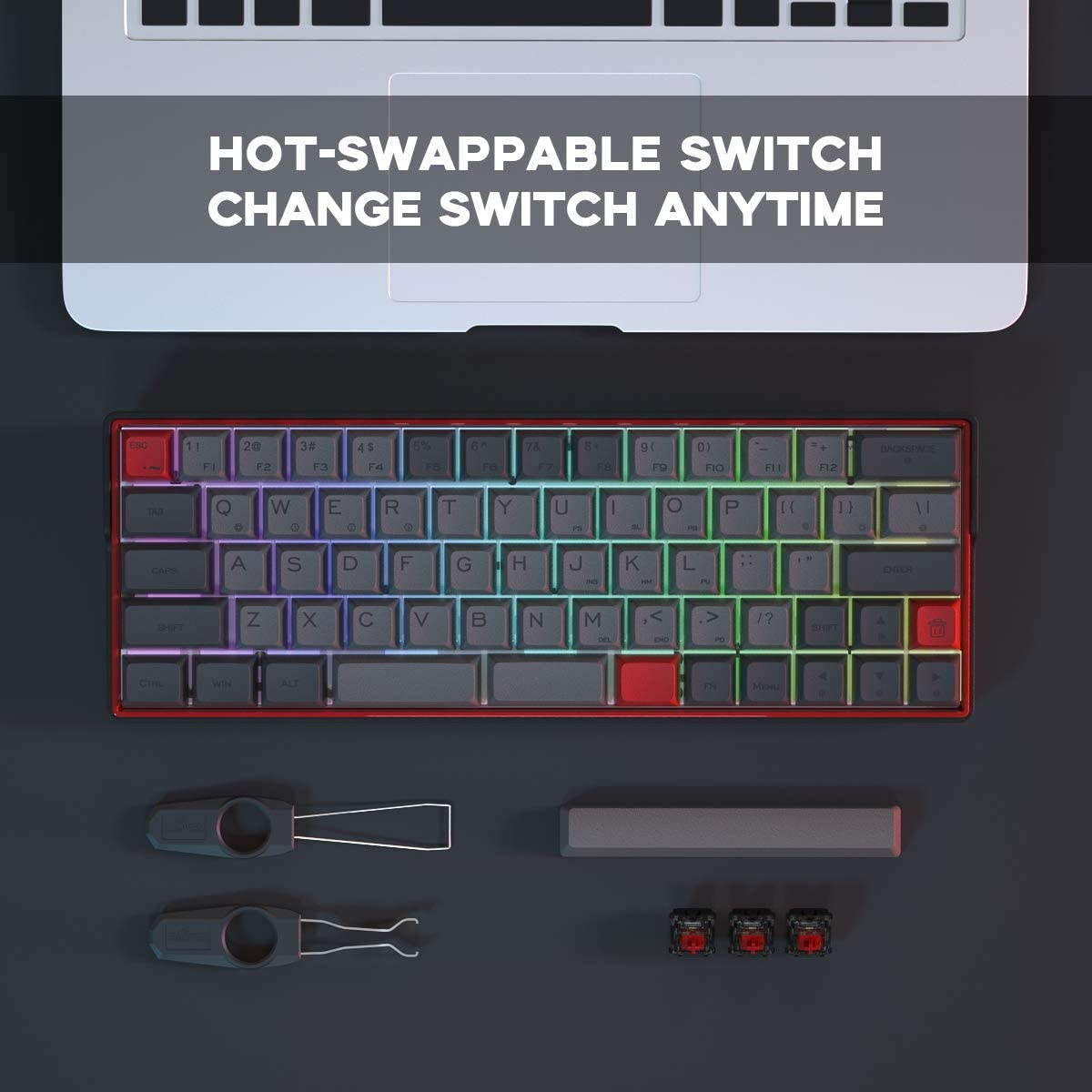 KEMOVE 64-66 Dolch Bluetooth 5.1 Hot-swappable Convertible 60% RGB Mechanical Gaming Keyboard - Wireless/Wired Mode, 100% PBT Keycaps, Full Keys Programmable for Win/Mac (Gateron Optical Blue Switch)