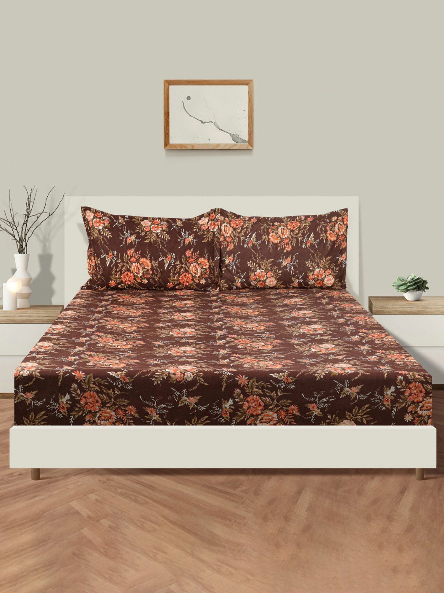 Swayam Dona Floral Brown 160 TC Cotton King Fitted Fitted Bedsheet with 2 Pillow Covers