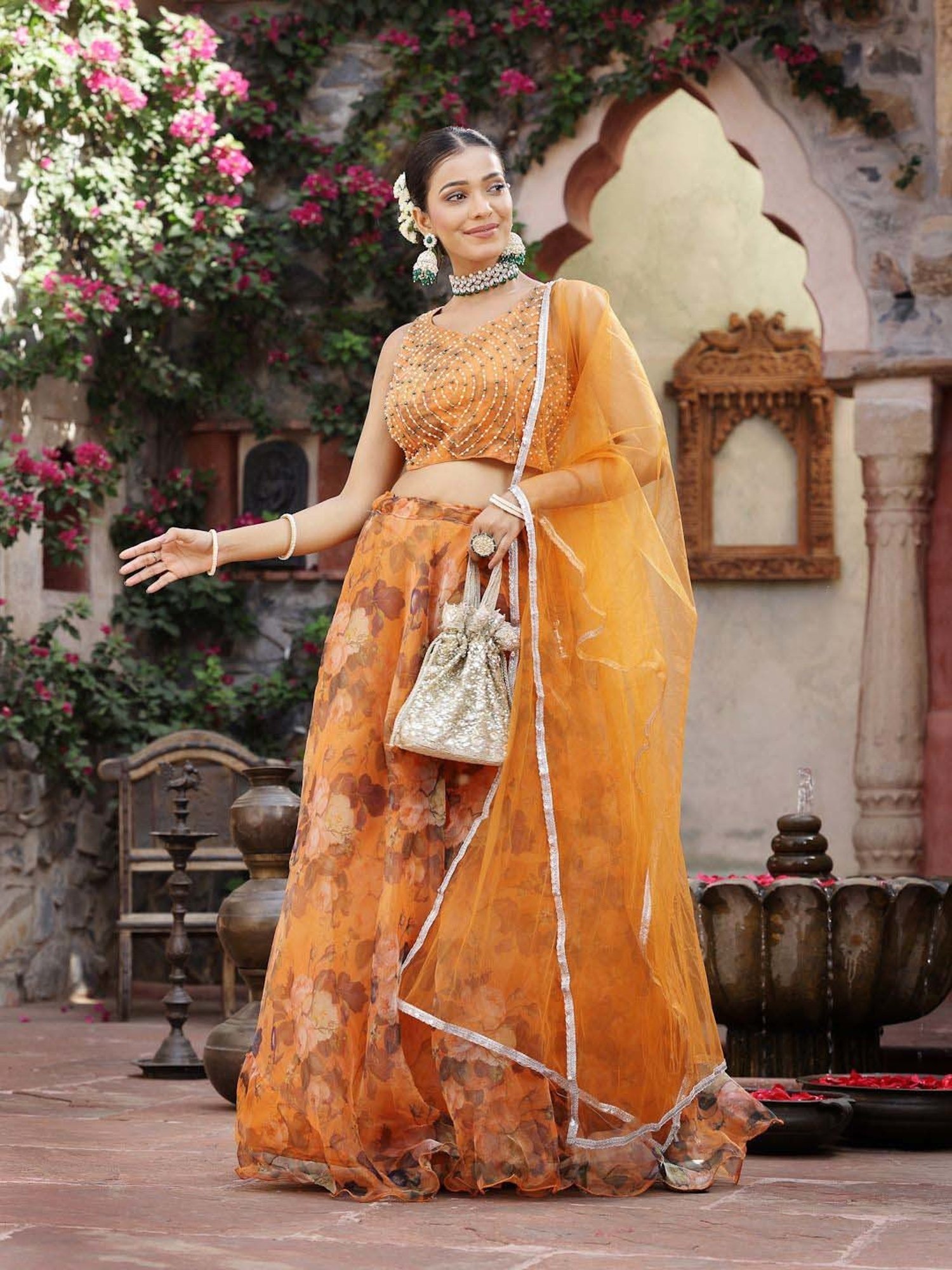 Stylum Orange Printed Lehenga Choli Set With Dupatta