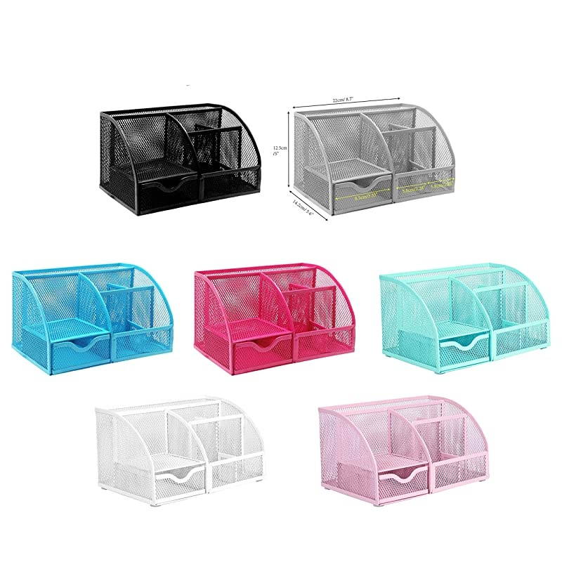 Mesh Desk Organizer Office with 7 Compartments + DrawerDesk Tidy CandyPen HolderMultifunctional Organizer EX348 Pink